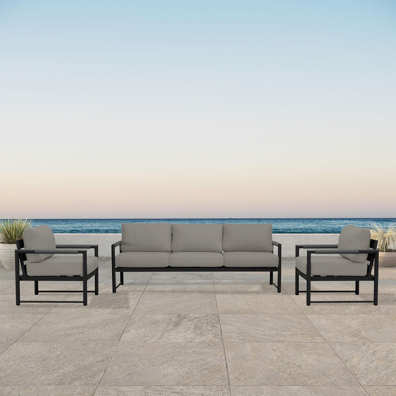 Lakeview AVEBAY-BK-CO-SET141-CC Avenue Bay Black/Carbon 3 Pc Sofa Club Chair Set - Canvas Charcoal - On Patio - Lifestyle thumbnail