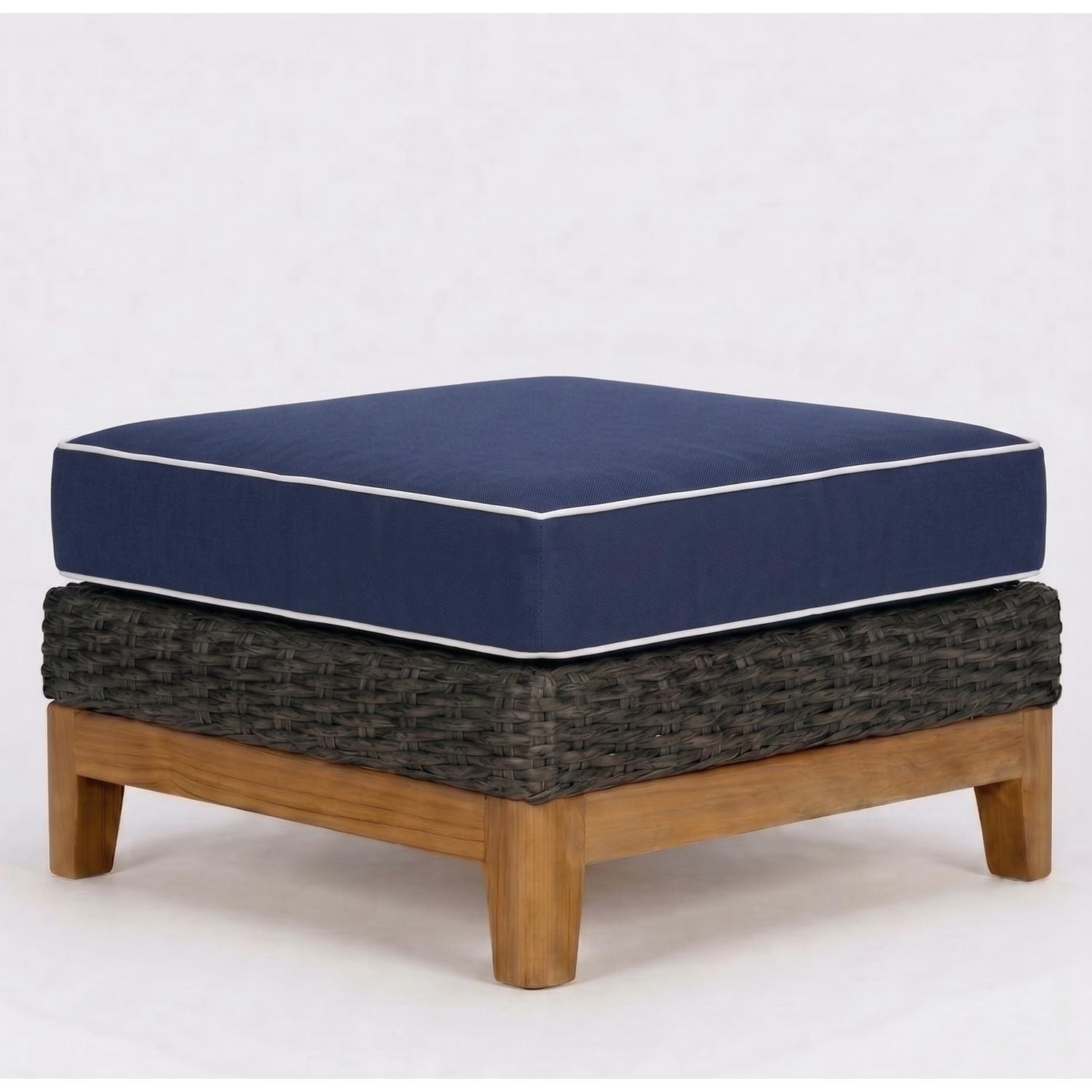 Boca Wicker Ottoman w/ Sunbrella Cushion in Gray/Navy w/ White Piping by Royal Teak Collection