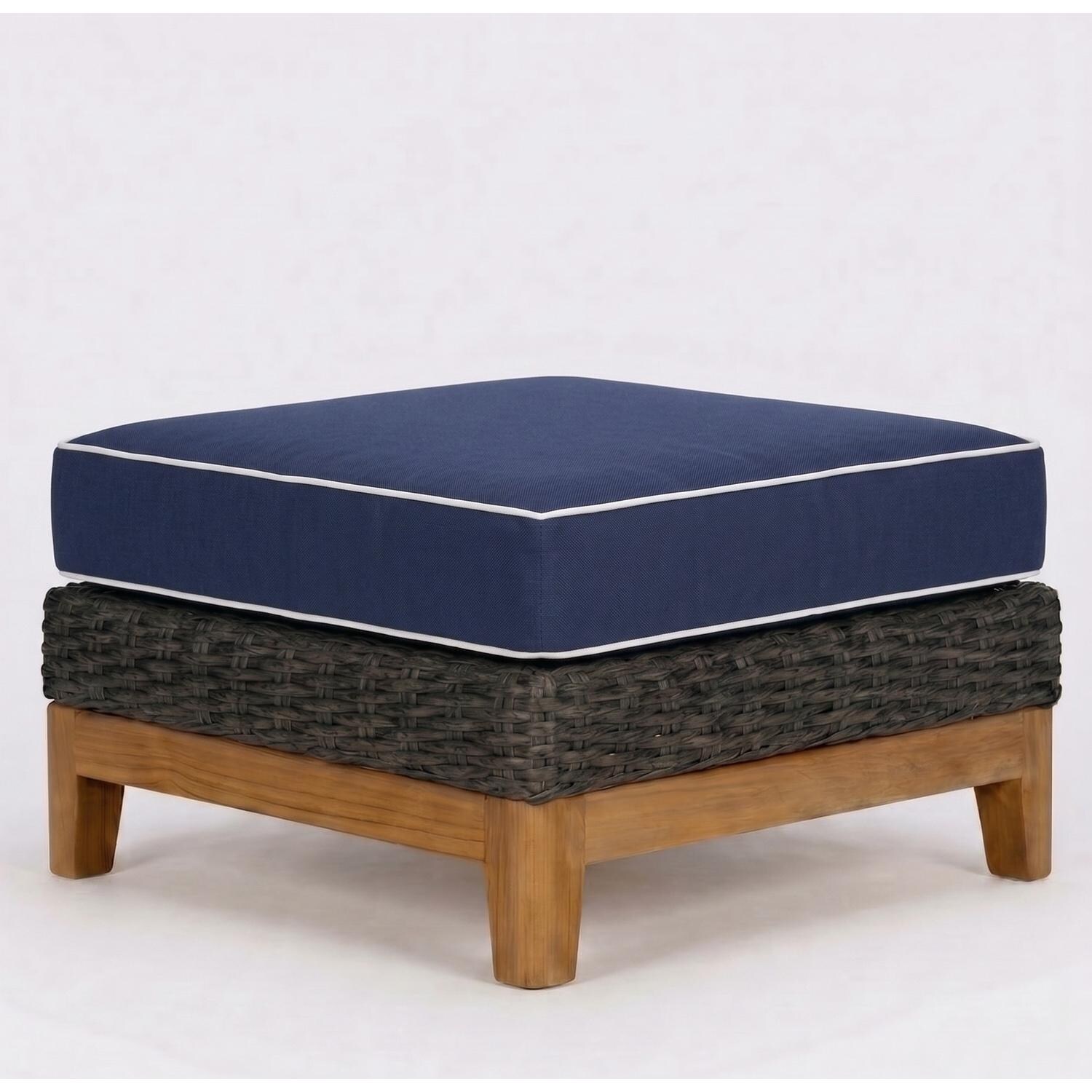 Boca Wicker Ottoman w/ Sunbrella Cushion in Gray/Navy w/ White Piping by Royal Teak Collection