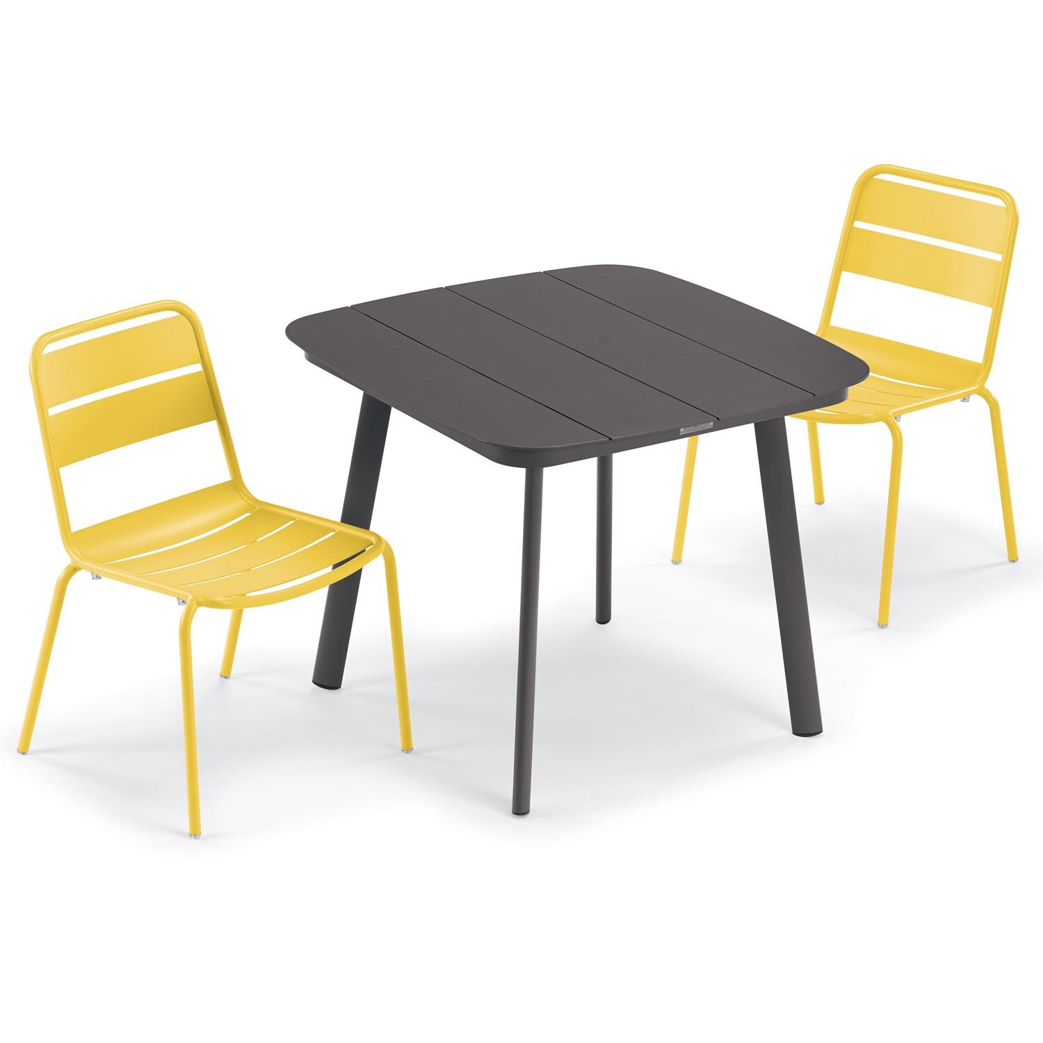 Oxford Garden Kapri 3 Pc Aluminum Dining Set W/ Side Chairs in Carbon/Saffron - Top View thumbnail