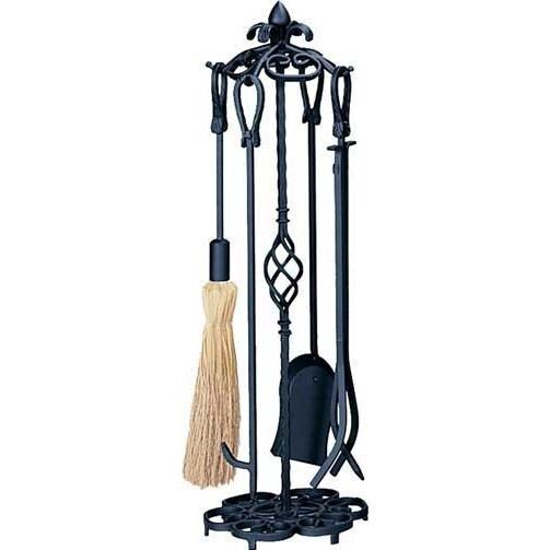 UniFlame 5-Piece Black Wrought Iron Fireplace Tool Set With Horseshoe Handles - F-1197