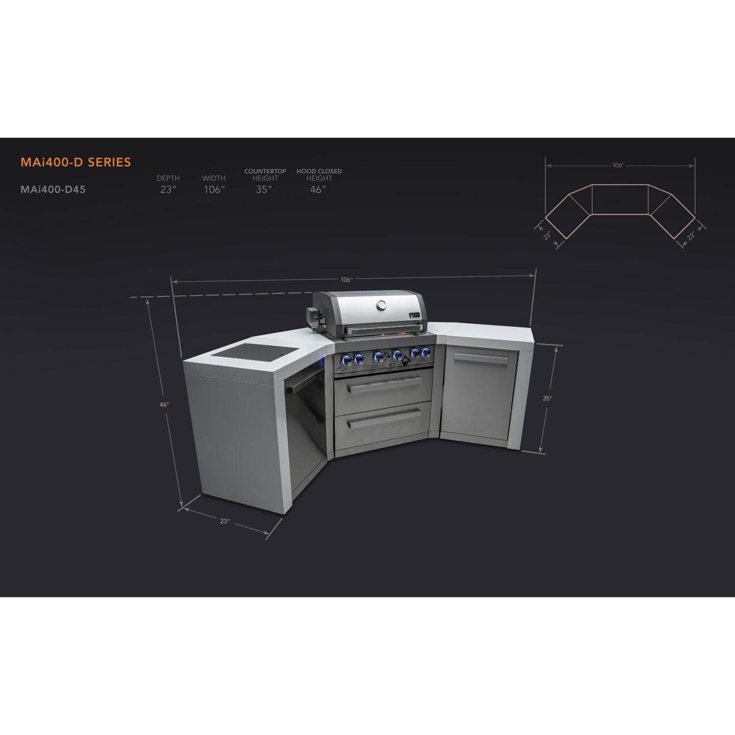 Mont Alpi - MAi400-D45 - Deluxe 45 Degree Propane Gas Island Grill W/ Infrared Side Burner & Rotisserie Kit - Dimensional