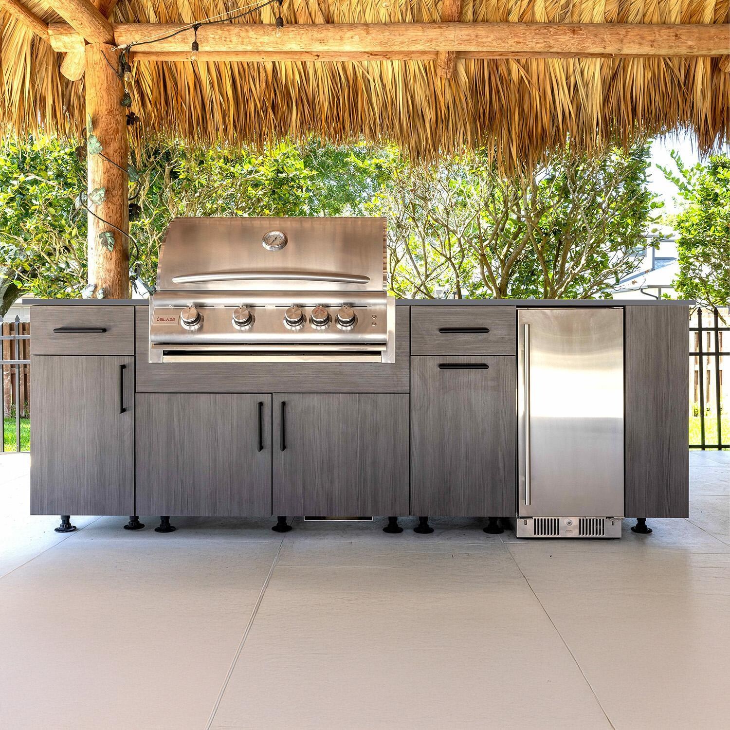 BBQGuys Signature Oasis 8 Ft Outdoor Kitchen Island w/ Blaze Propane Grill & Refrigerator in Grey Cedar/Lunar Grey - Island - Lifestyle thumbnail