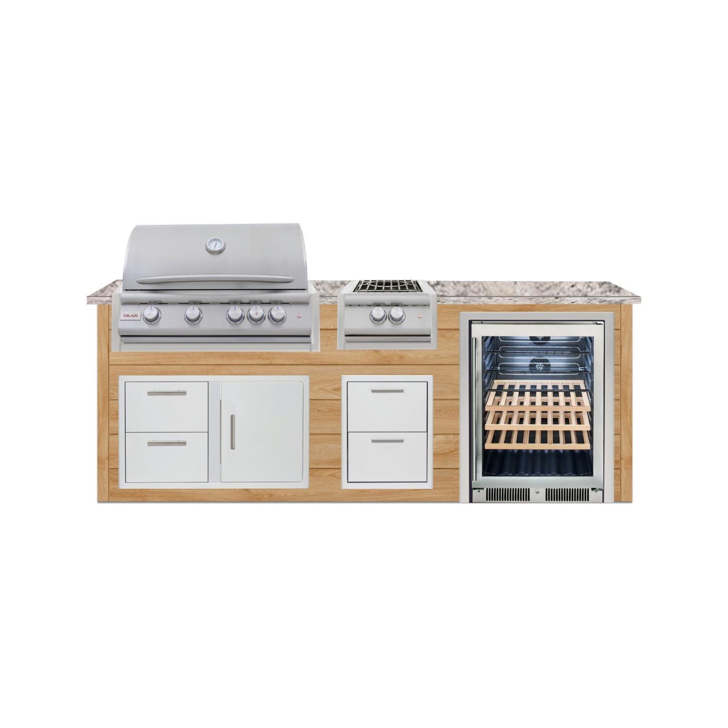 BBQGuys Signature 8 Ft Grill Island w/ 32-in Propane Blaze LTE+ Grill Power Burner, Beverage Center, Double Trash Bin & Door & Drawer | Sun Bleached Oak w/ White Granite - Front - White Background thumbnail