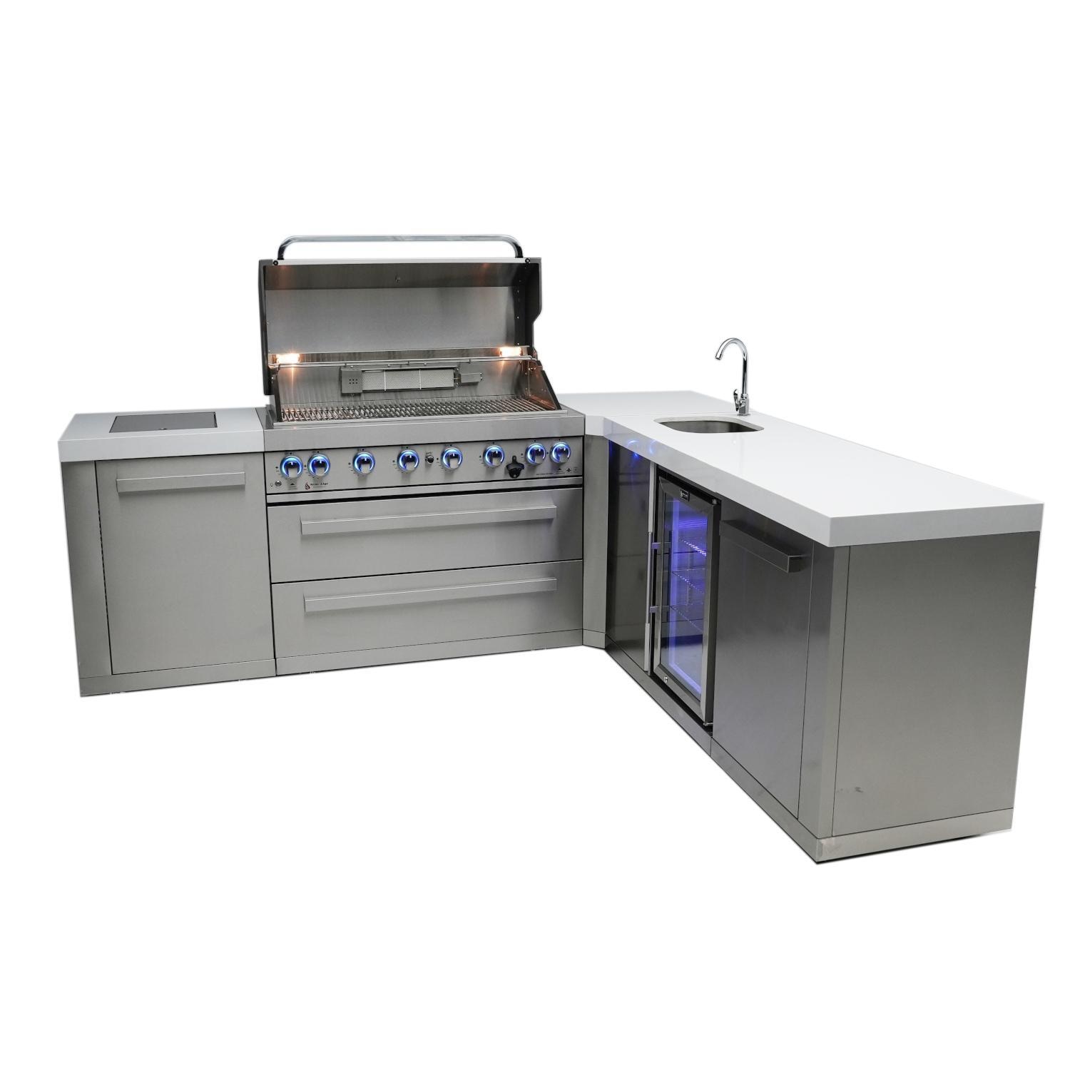 Mont Alpi 805 Natural Gas Island w/ 90 Degree Corner & Beverage Center (Ships Propane w/ Conversion Kit) - Hood Open - White Background thumbnail