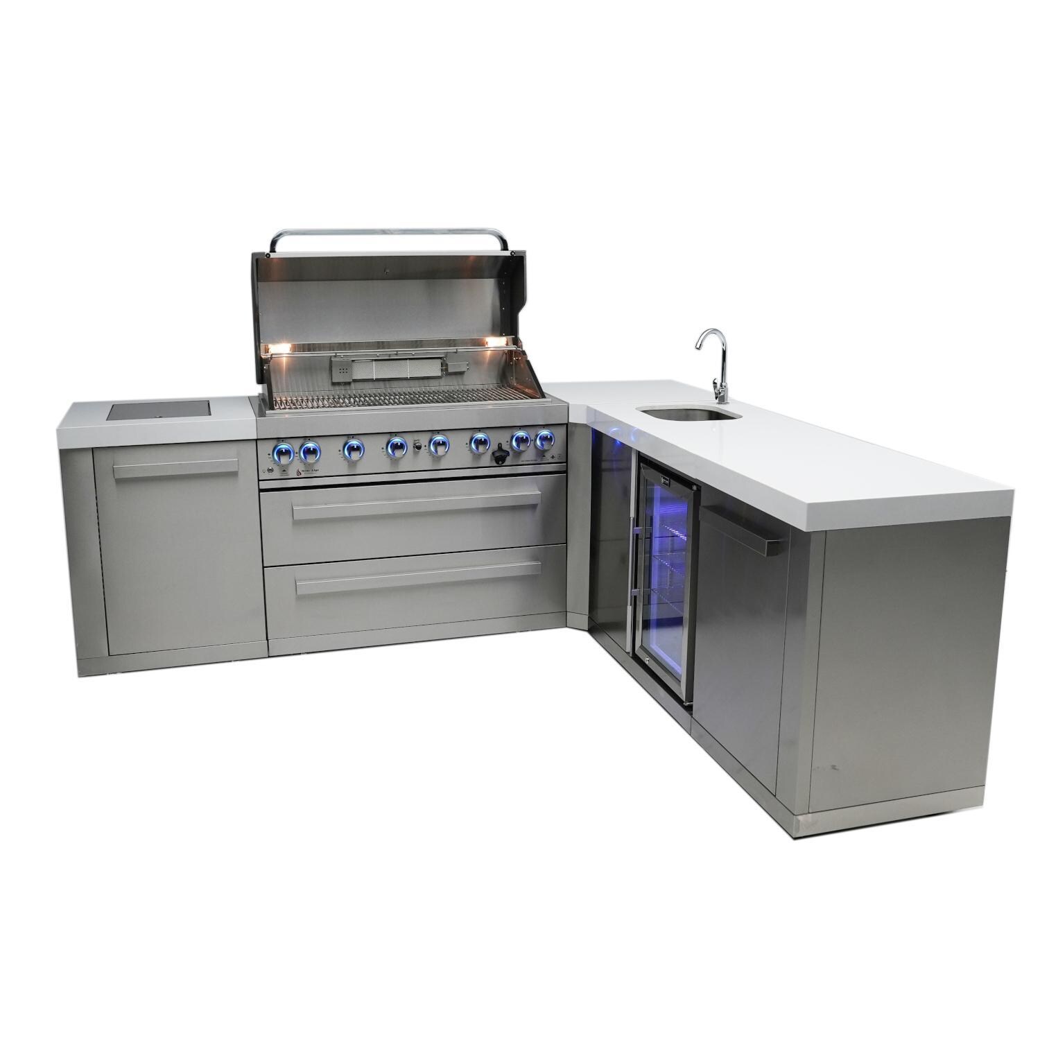 Mont Alpi 805 Natural Gas Island w/ 90 Degree Corner & Beverage Center (Ships Propane w/ Conversion Kit) - Hood Open - White Background thumbnail