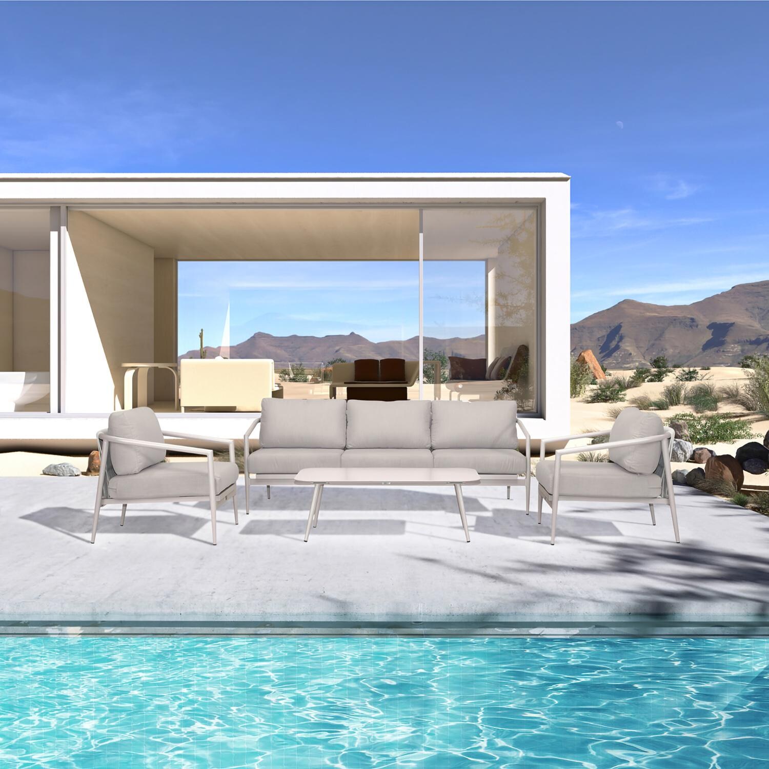 Lakeview Midnight Cove 4 Pc Aluminum Sofa Seating Set in Urban Stone/Carrera/Cast Silver - Lifestyle thumbnail