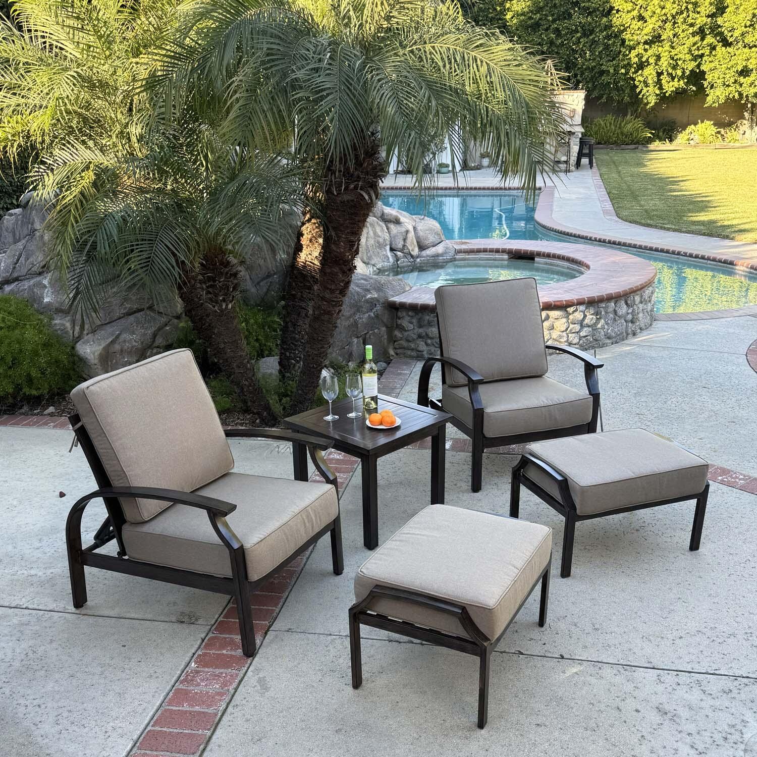 Atlantis 5 Pc Aluminum Seating Set in Walnut/Beige by Darlee - Lifestyle thumbnail