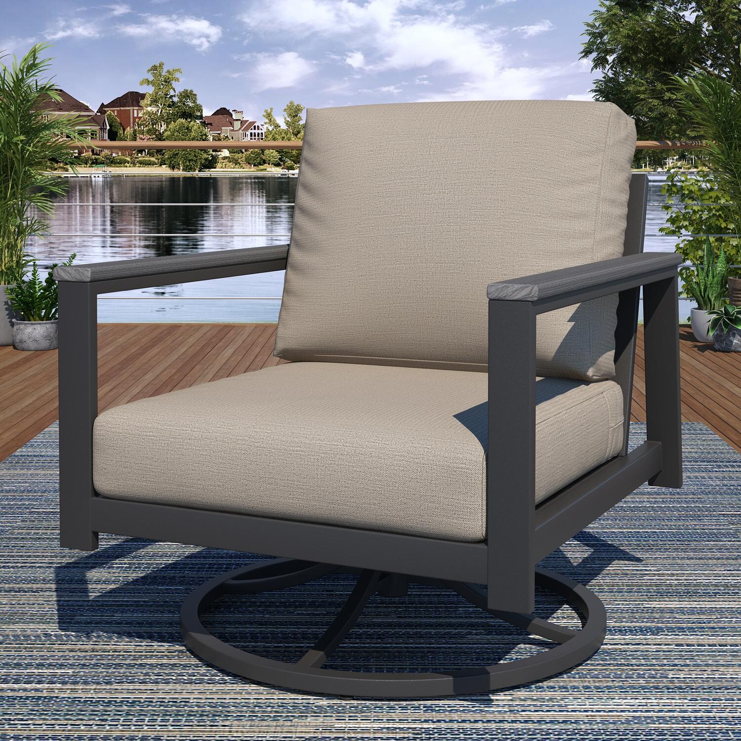 Lakeview NC6400TANGARM-9PC-SM Oasis Bay 9 Pc Aluminum Seating Set in Brown/Spectrum Mushroom - Swivel Chair - Lifestyle thumbnail