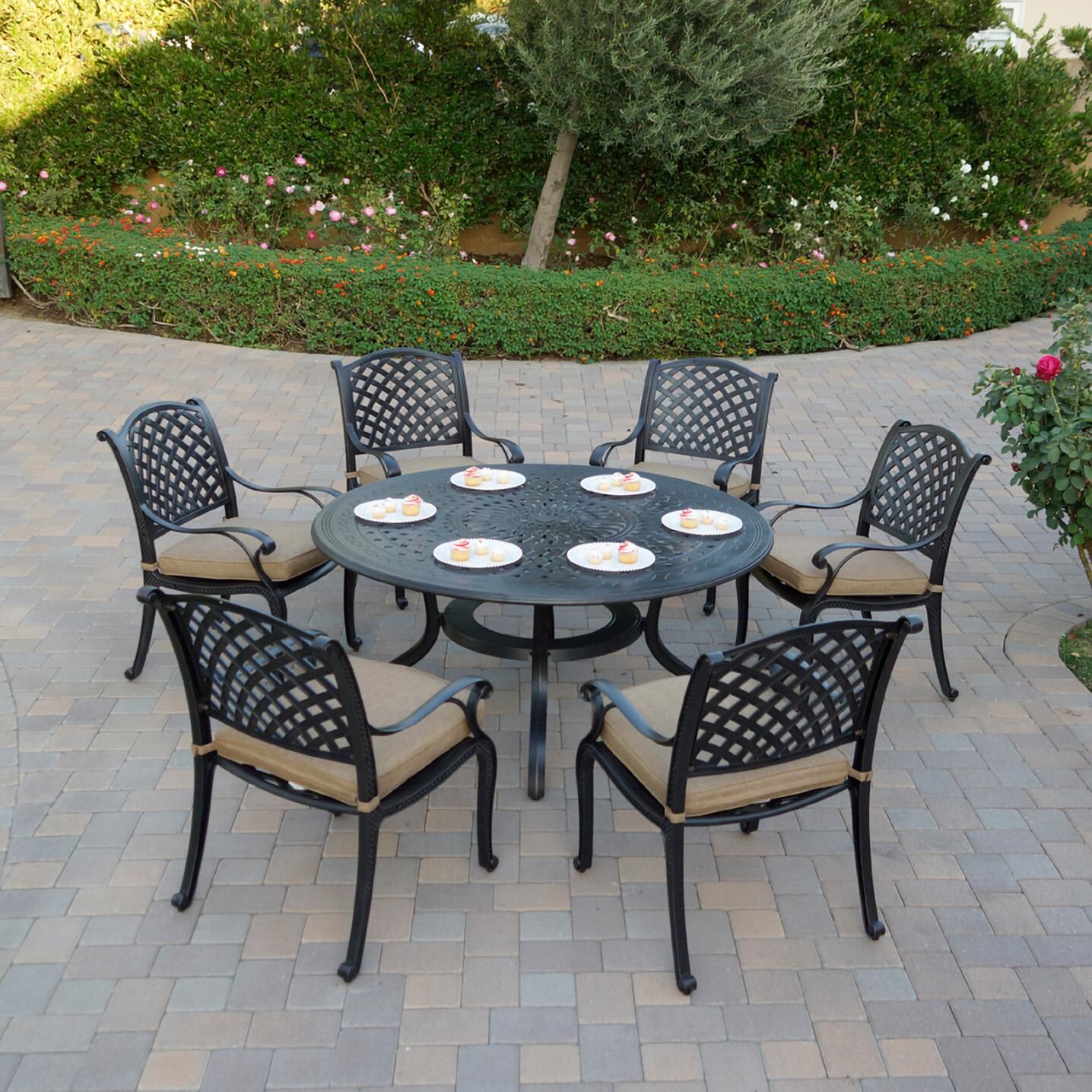 Nassau 7 Pc Cast Aluminum Dining Set in Antique Bronze w/ Sesame Cushions By Darlee