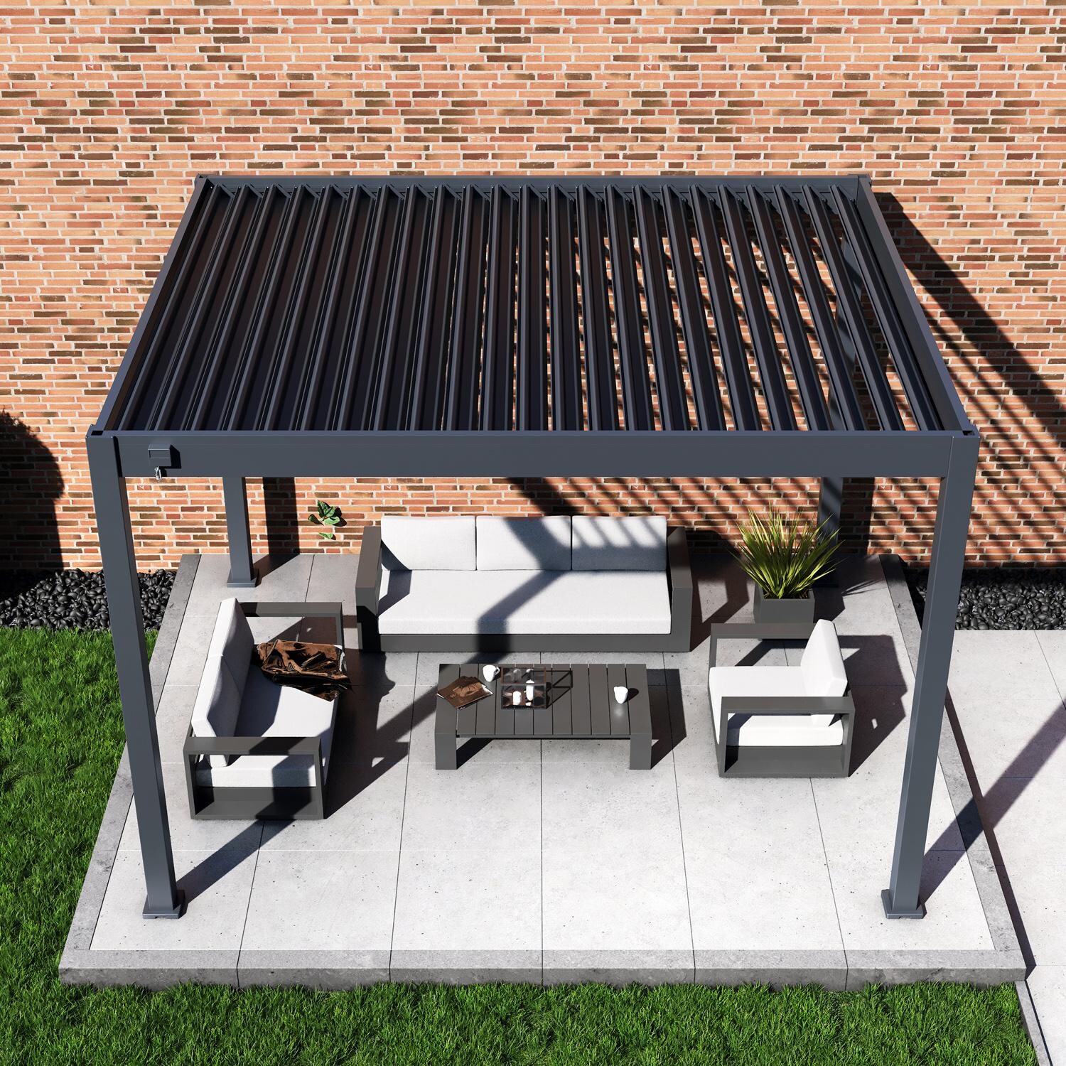 Paragon Outdoor PRGRT-1012GY Grand Tuscan 10' x 12' Slate Gray Aluminum Louvered Pergola - From Above - Lifestyle thumbnail