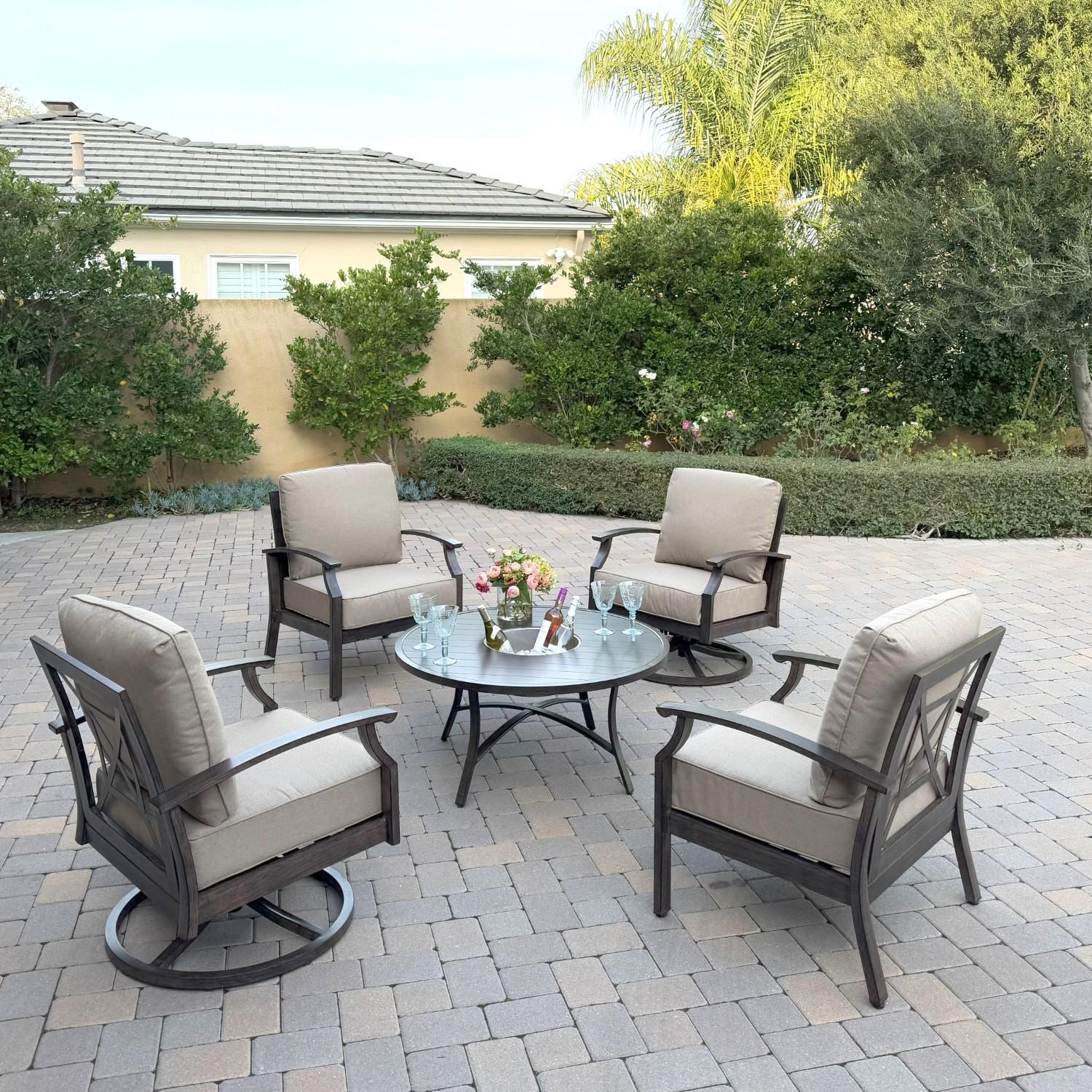 Atlantis 5 Pc Aluminum Seating Set w/ 2 Club Chairs, 2 Swivel Rocker Club Chairs & Ice Bucket in Walnut/Beige by Darlee - Hero - Lifestyle thumbnail