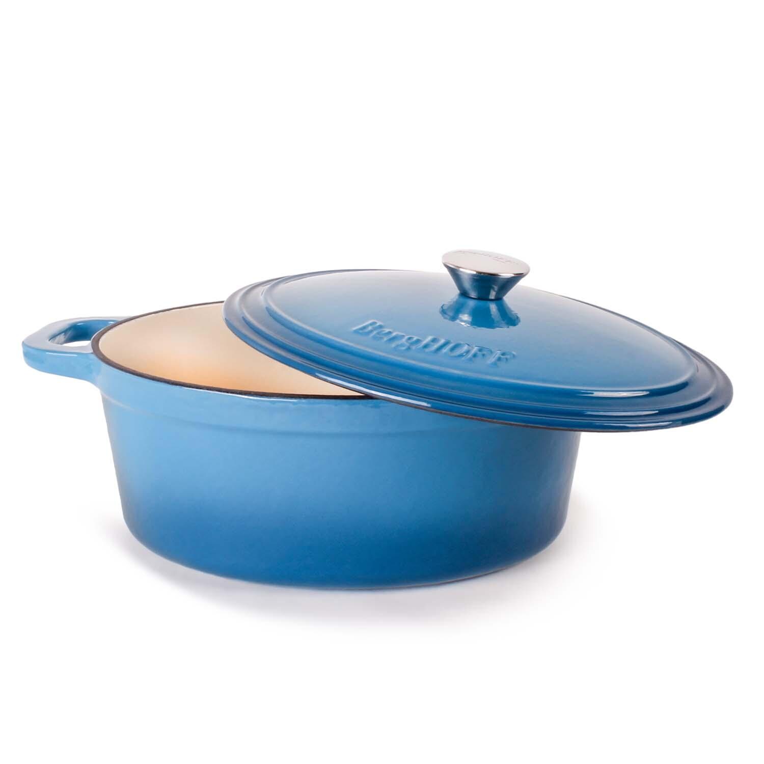 BergHOFF 11 1/2-in Neo Cast Iron 5 Qt. Oval Dutch Oven w/ Lid - Blue - Lid Propped - White Background thumbnail