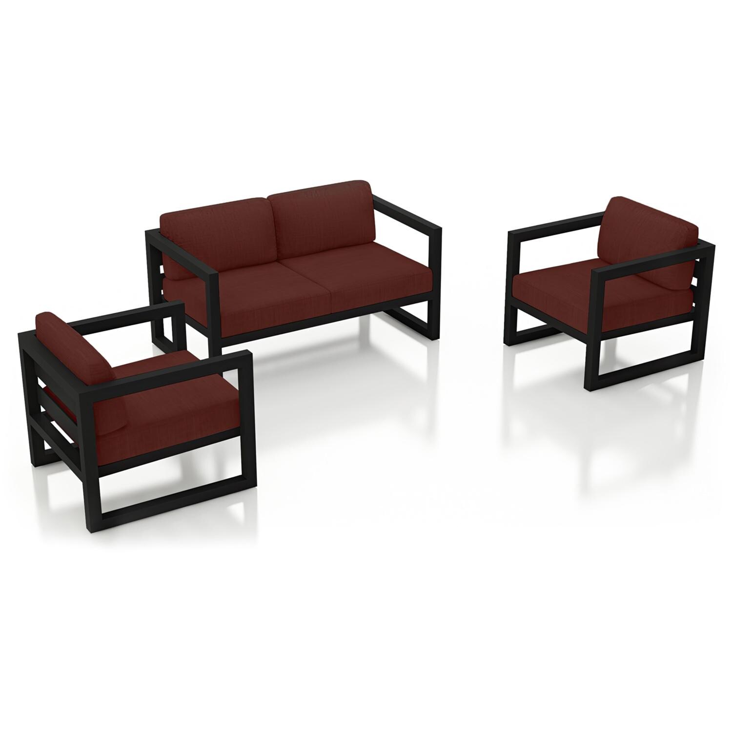 Lakeview MSTYCV-BK-3LSS-HN Misty Cove 3 Pc Aluminum Seating Set in Black w/Loveseat & Canvas Henna Cushions by Lakeview Outdoor Designs - Set Angled View - White Background thumbnail