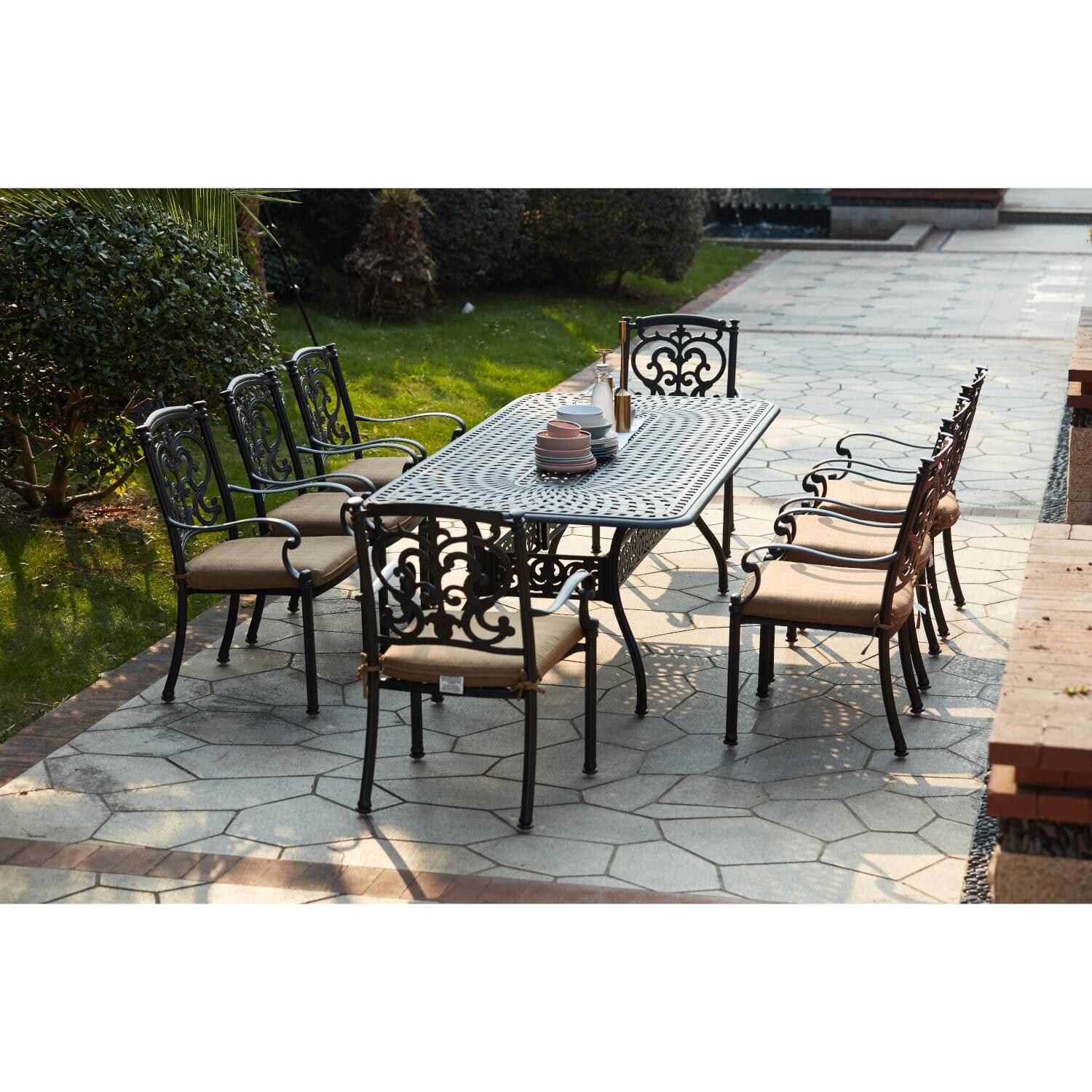 Darlee 201010-9PC-60XLD Santa Barbara 9 Piece Cast Aluminum Patio Dining Arm Chair Set W/ 92 X 42 Inch Rectangular Table & Sesame Cushions - Lifestyle thumbnail
