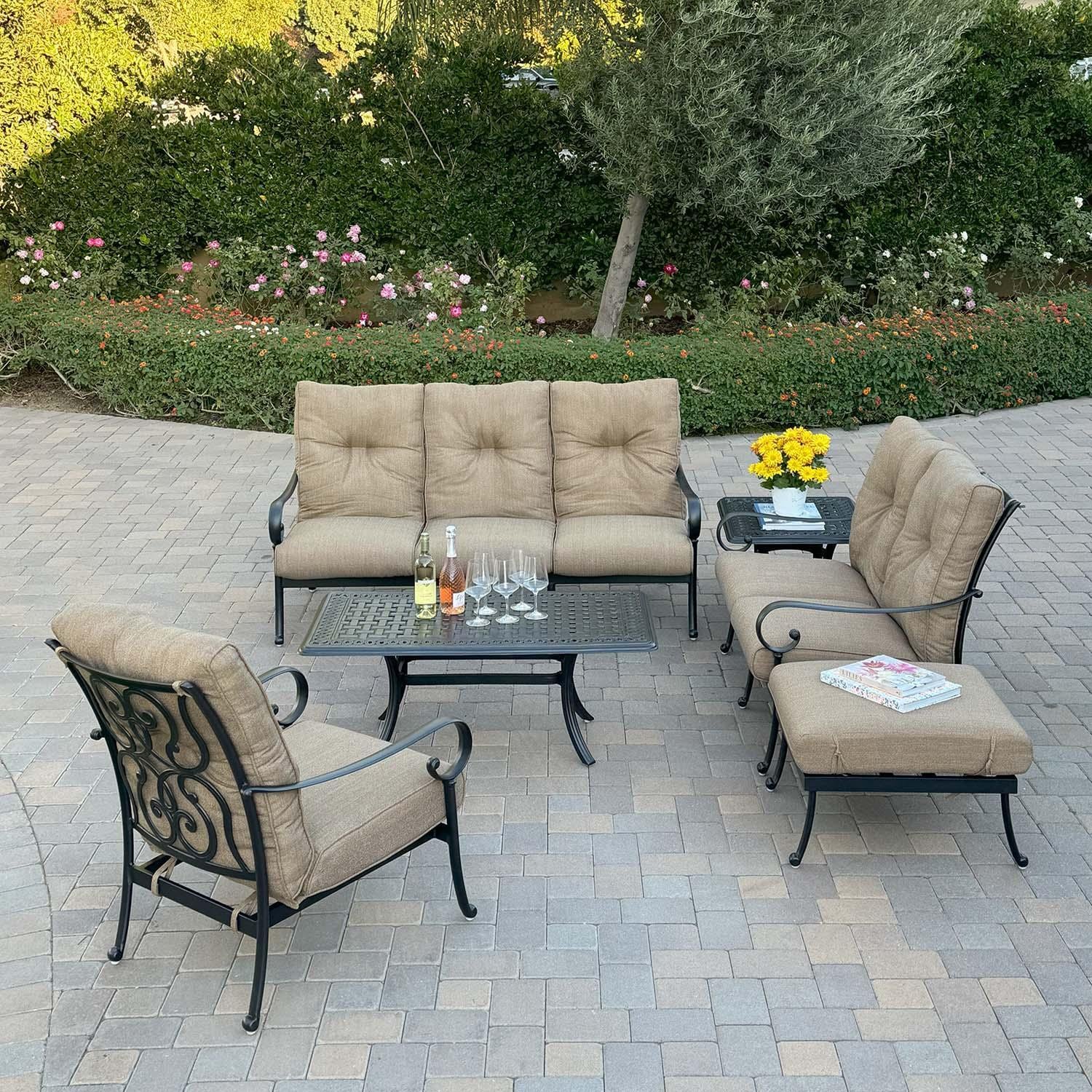 Darlee Santa Anita 6 Pc Cast Aluminum Sofa Seating Set w/ Series 88 Tables & Chair in Antique Bronze/Heather Beige Sunbrella by