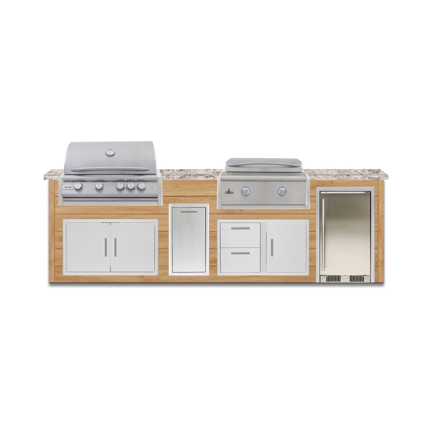 BBQGuys Signature 10 Ft Grill Island w/ 32 Inch Propane Blaze Premium LTE+ Grill & Griddle, Narrow Trash Bin & Door & Drawer | Sun Bleached Oak w/ White Granite - Front - White Background thumbnail