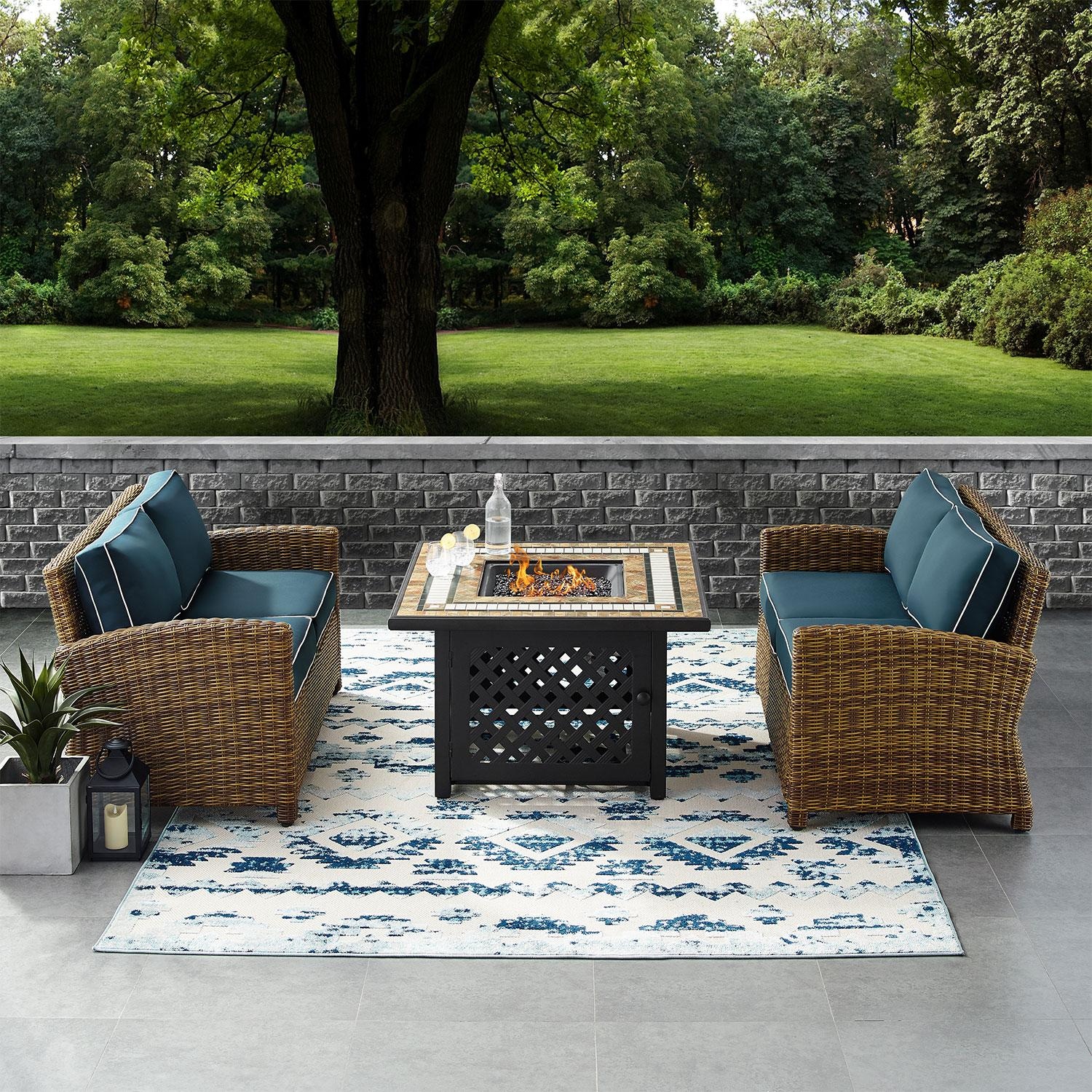 Ultimate Patio Branchwood 3 Pc Wicker Loveseat Set w/ Fire Table in Weathered Brown/Navy by - UP-92397-NV