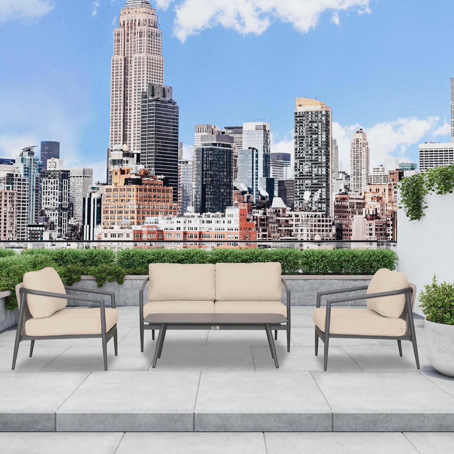 Midnight Cove 4 Pc Aluminum Seating Set w/ Loveseat in Slate/Canvas Flax by Lakeview Outdoor Designs