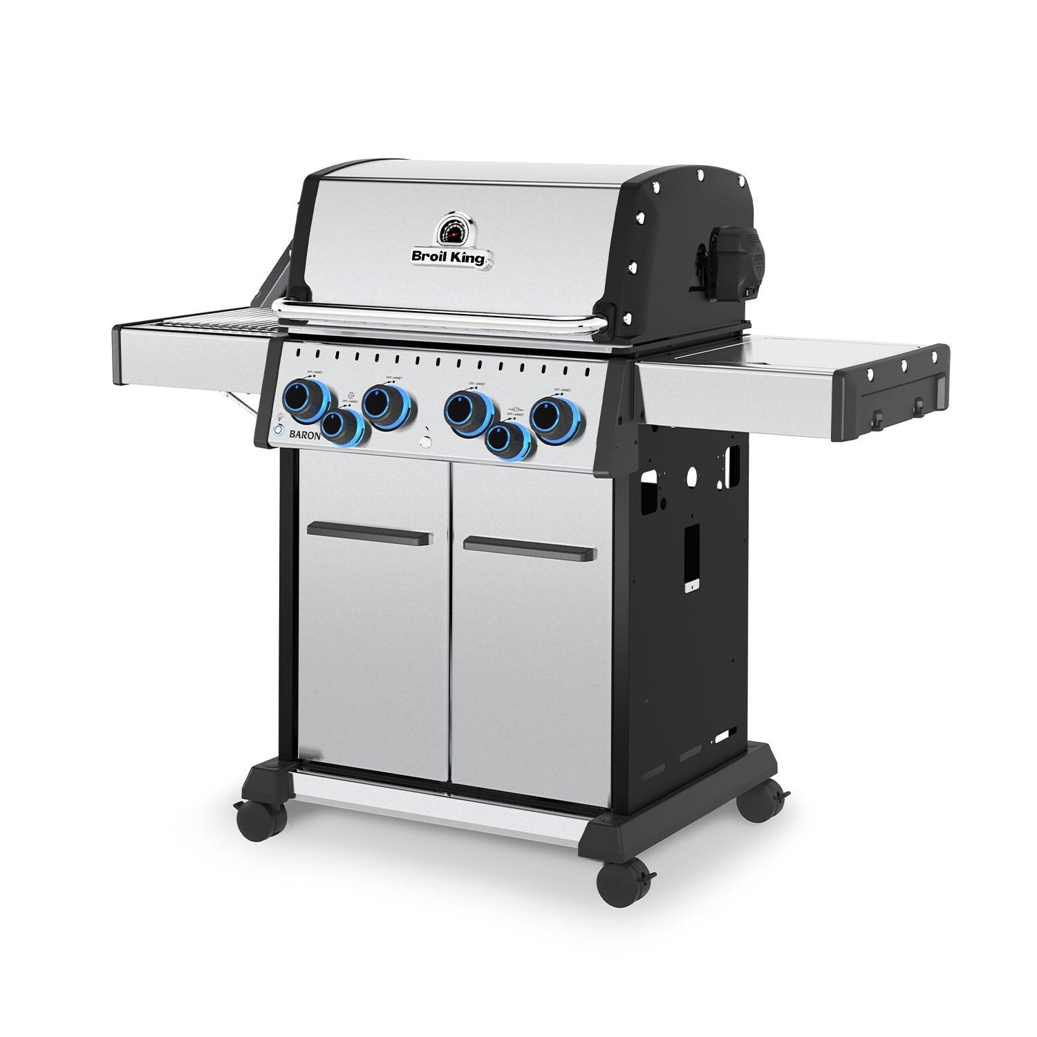 Broil King 677344 Baron S 490 PRO IR 4 Burner Propane Grill w/ Side Burner - Angled Left - Side Shelf Side - White Background thumbnail