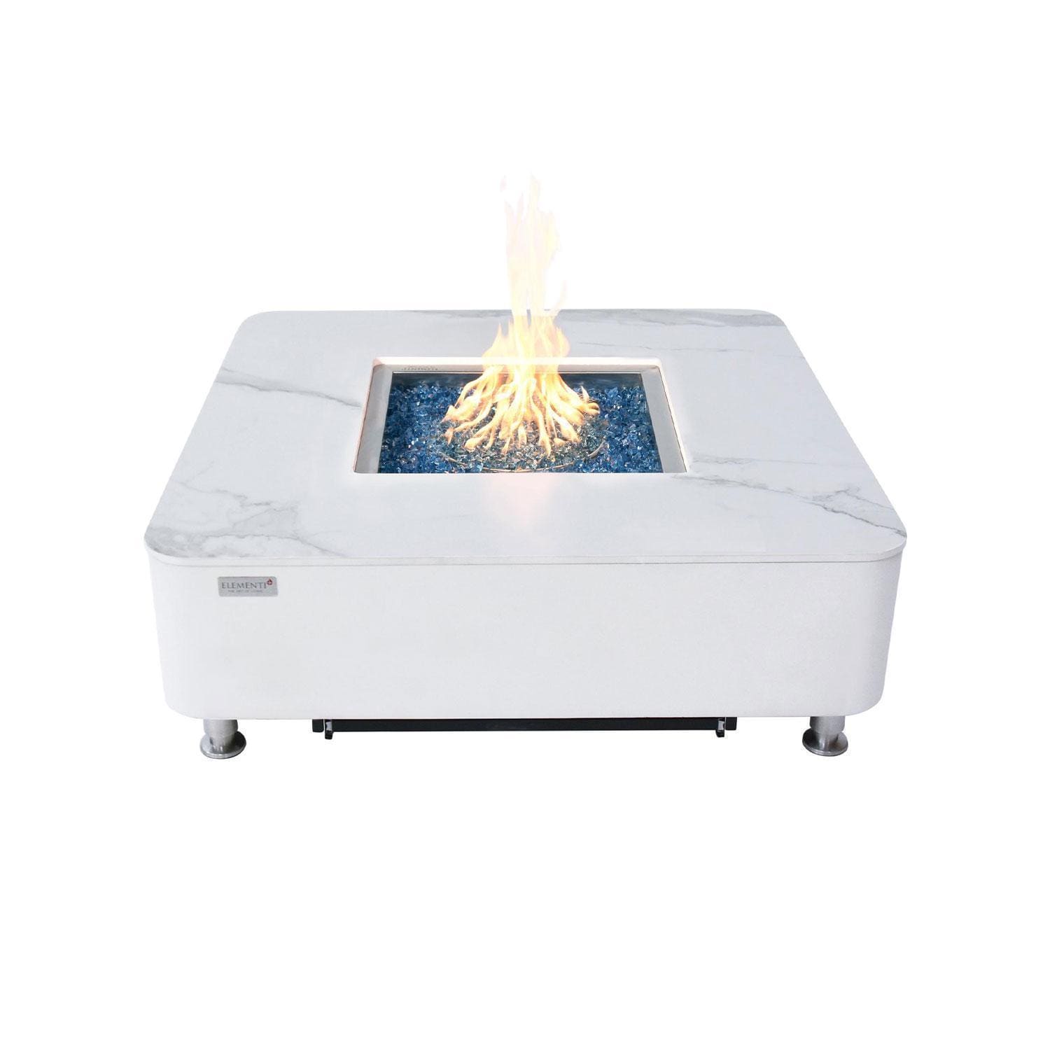 Elementi OFP101BW-NG Annecy 42-Inch Square Marble Porcelain Natural Gas Fire Pit Table - White - Fire Pit Lit - White Background thumbnail
