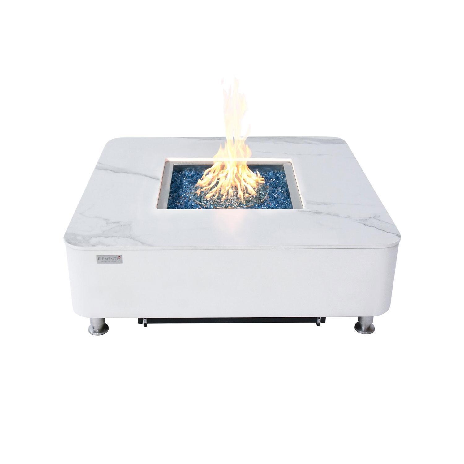 Elementi OFP101BW-NG Annecy 42-Inch Square Marble Porcelain Natural Gas Fire Pit Table - White - Fire Pit Lit - White Background thumbnail