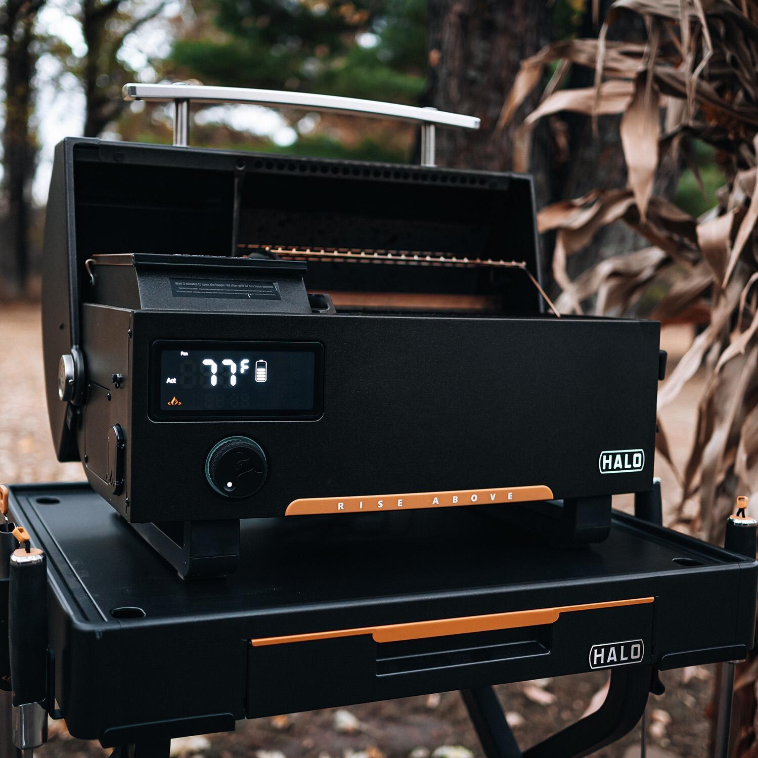 HALO HS-1005-ANA Prime300 Countertop Pellet Grill - Opened Angled View - Lifestyle thumbnail