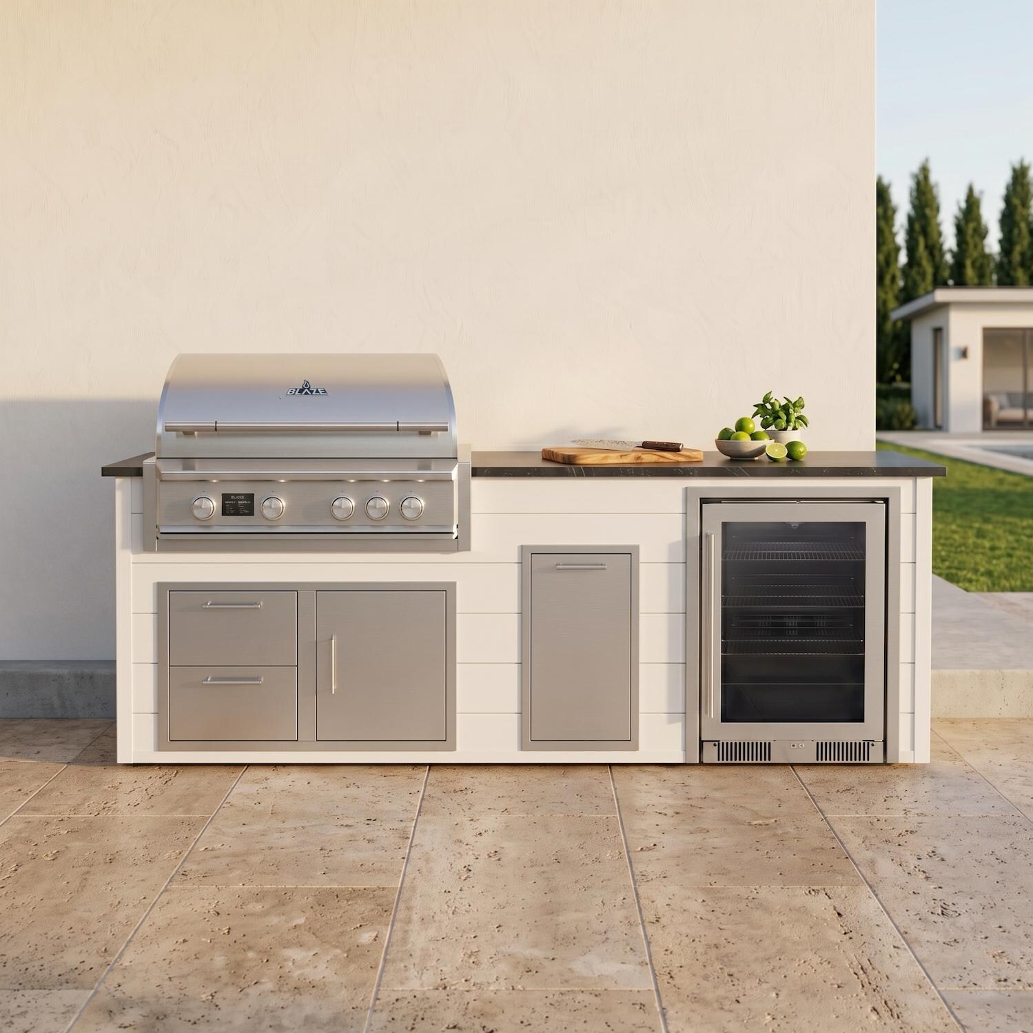 8-Foot Outdoor Kitchen Island w/ 32-in Natural Gas Blaze LTE PRO Grill, Beverage Center & Narrow Trash Bin | Crystal White | Nero Mist Granite by BBQGuys Signature