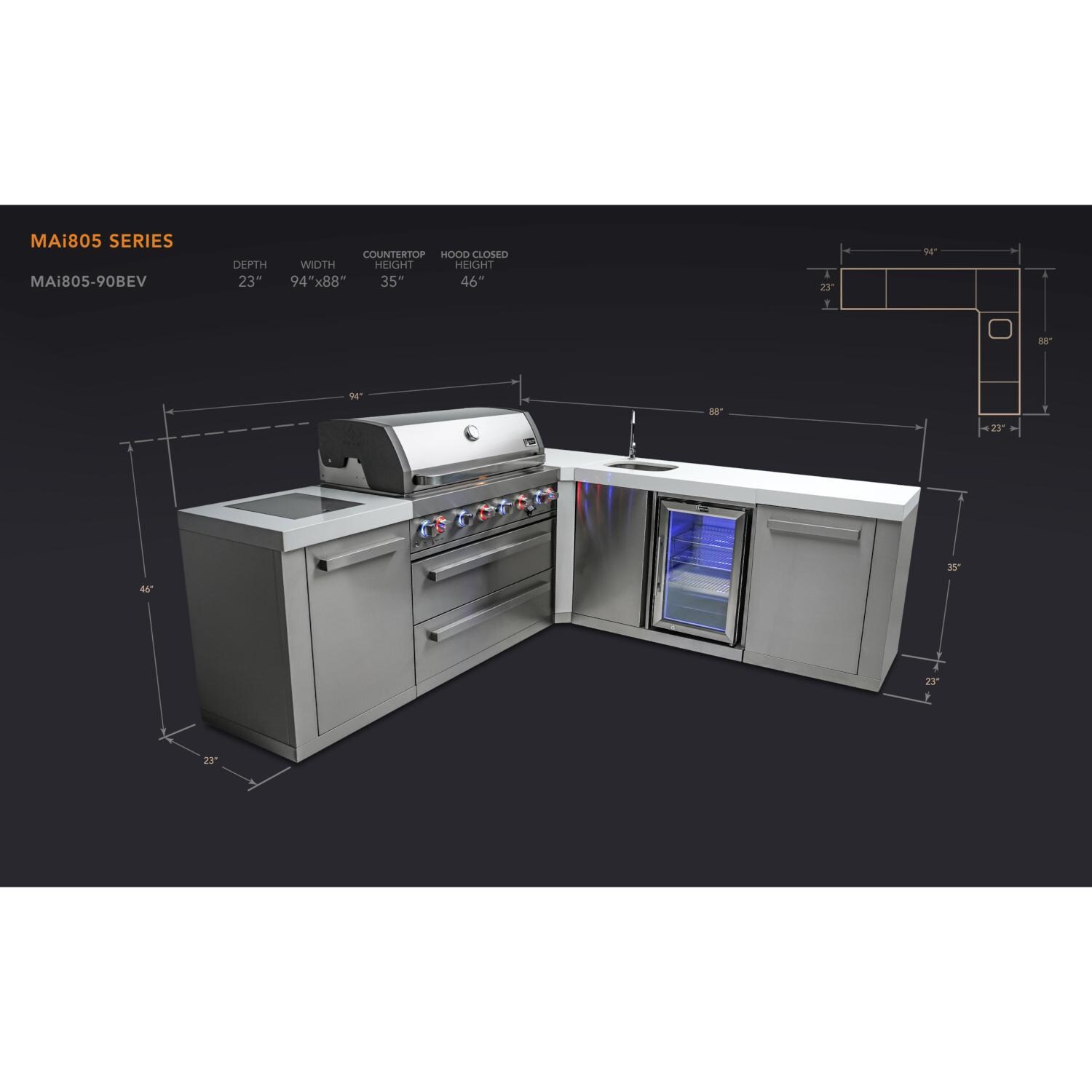 Mont Alpi 805 Natural Gas Island w/ 90 Degree Corner & Beverage Center (Ships Propane w/ Conversion Kit) - Dimensions - Dimensional thumbnail