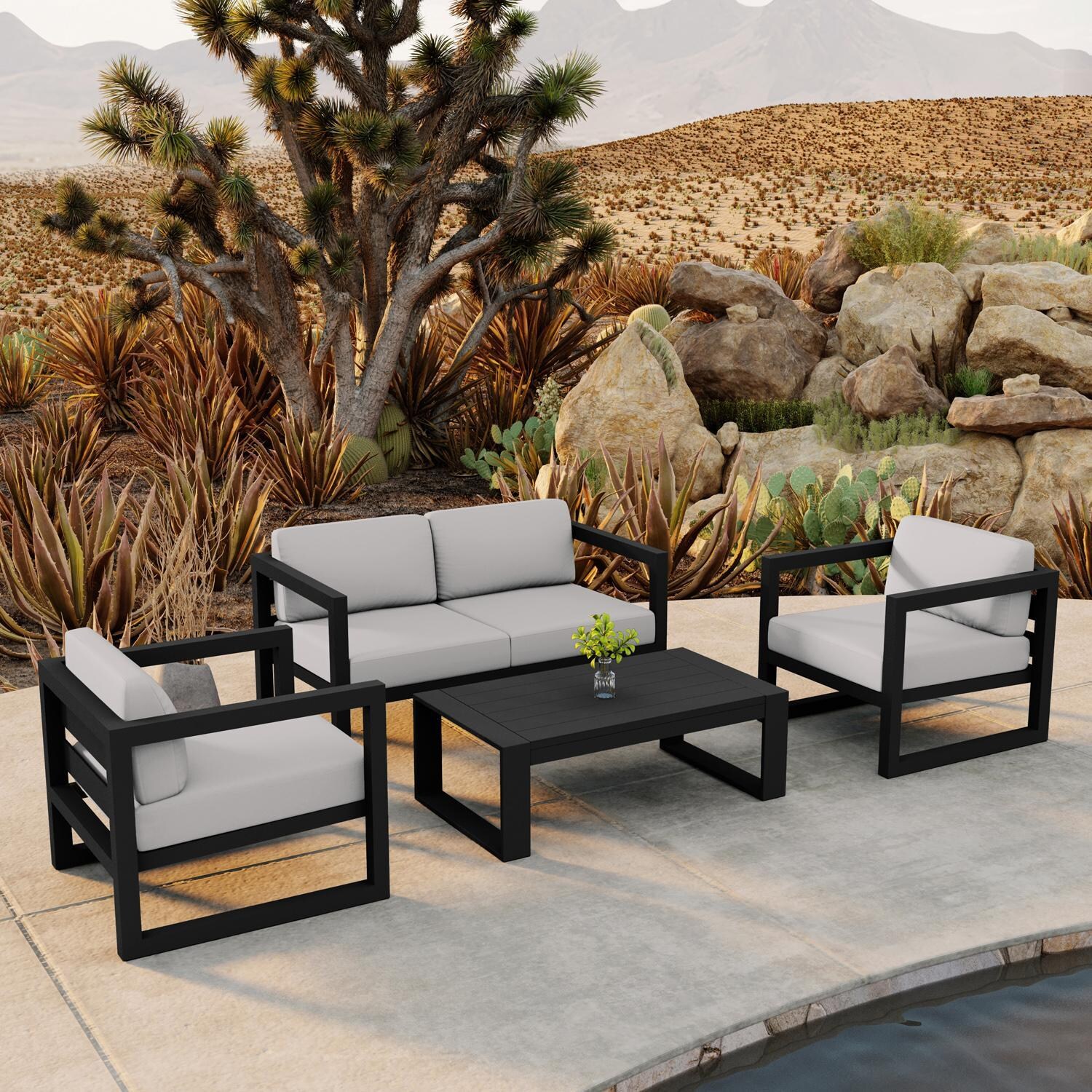 Lakeview MSTYMAS-BK-4SS-CN Misty Cove 4 Pc Aluminum Seating Set in Black w/Loveseat & Canvas Natural Cushions by Lakeview Outdoor Designs - By the Pool - Lifestyle thumbnail