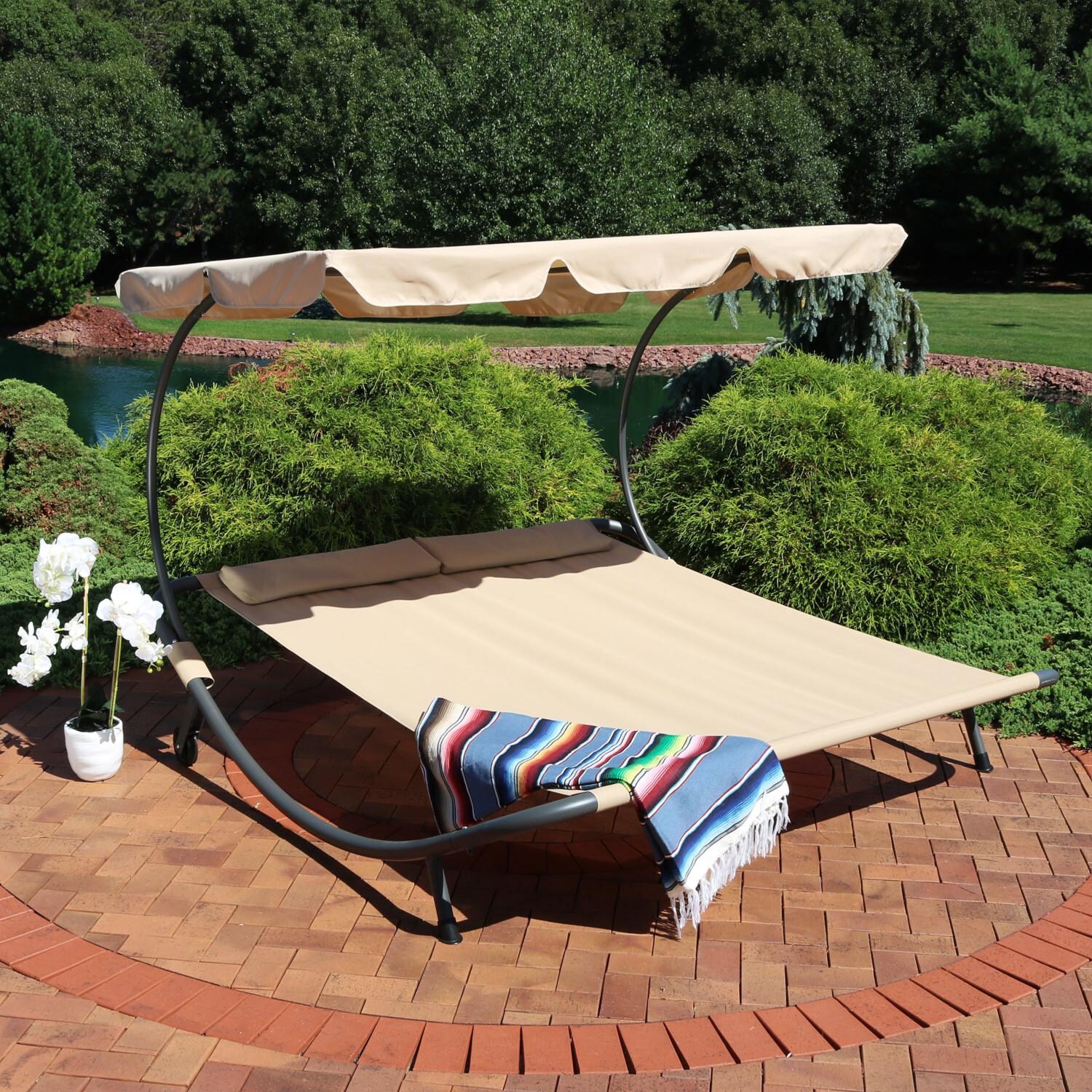 Sunnydaze Decor Double Modern Outdoor Bed W/ Canopy & Pillows - Beige image