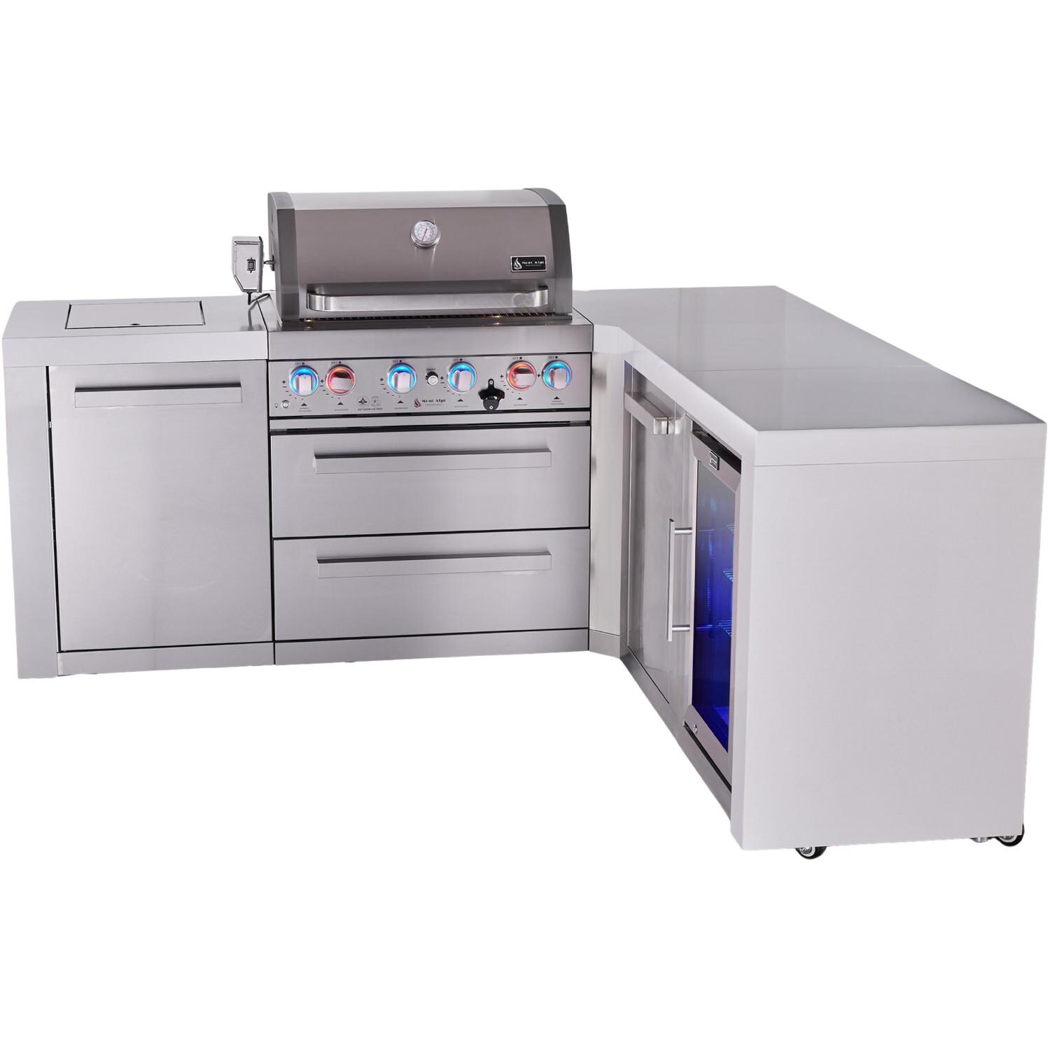 Mont Alpi Deluxe Series 7 Ft L-Shaped Natural Gas Outdoor Kitchen Island w/ 32-in Grill, Side Burner, Fridge & Extra Door (Ships Propane w/ Conversion Kit) - Island - White Background thumbnail