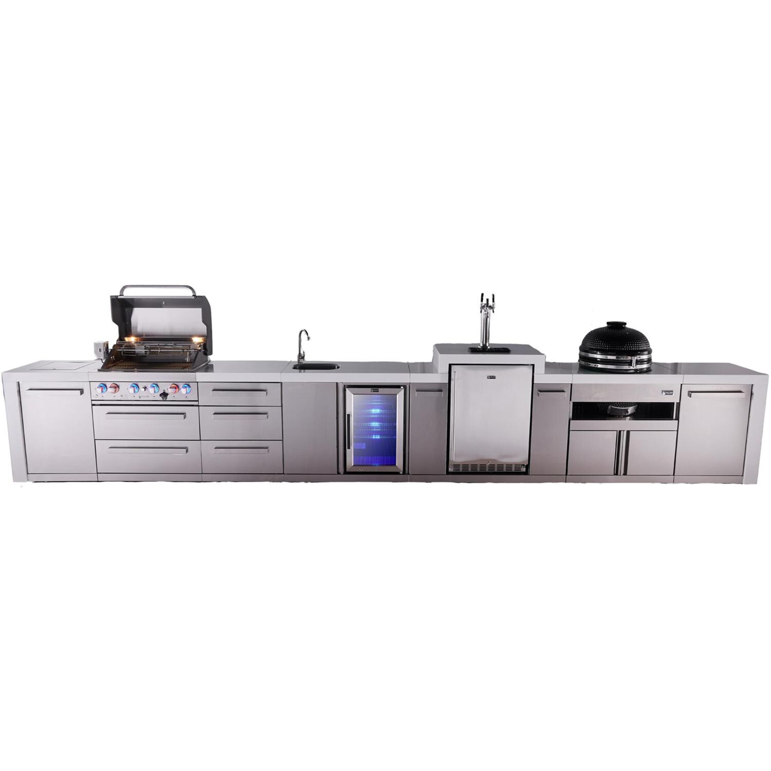Mont Alpi Deluxe Series 15 1/2 Ft Natural Gas Outdoor Kitchen Island w/ 32-in Grill, Side Burner, Beverage Center, Kegerator, Kamado Module & Triple Drawer (Ships Propane w/ Conversion Kit) - Grill Open - White Background thumbnail
