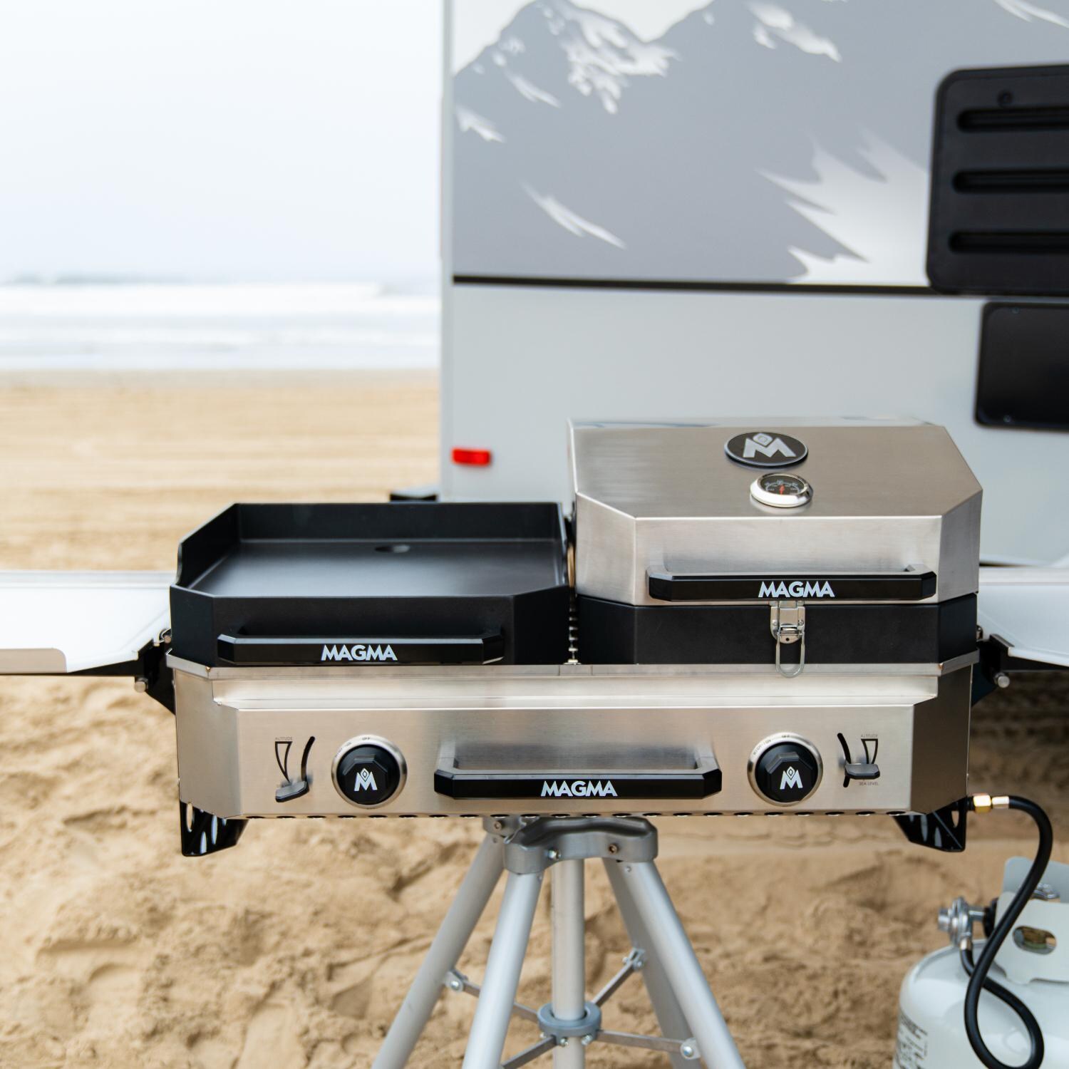 Magma Crossover Double Burner Firebox Outdoor Cooker With Grill Topper & Griddle Topper - In Use (Stand Not Included) thumbnail