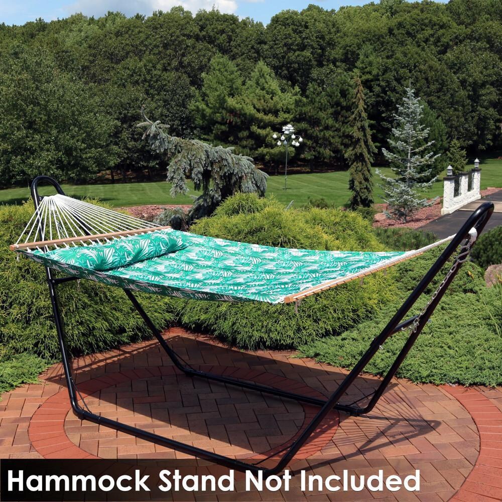 Ultimate Patio Quilted Double Hammock & Pillow - Green Palm Leaves - Lifestyle thumbnail