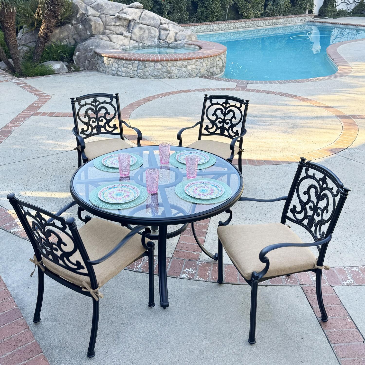Santa Barbara 5 Pc Aluminum Dining Set in Antique Bronze/Beige Canvas by Darlee - Lifestyle thumbnail