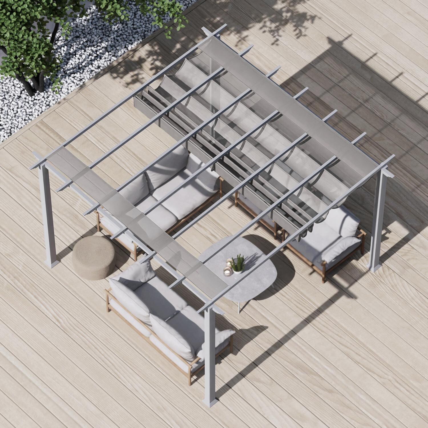 Paragon Outdoor PR11WTG Florence 11' x 11' White Pergola w/ Gray Canopy - From Above - Lifestyle thumbnail