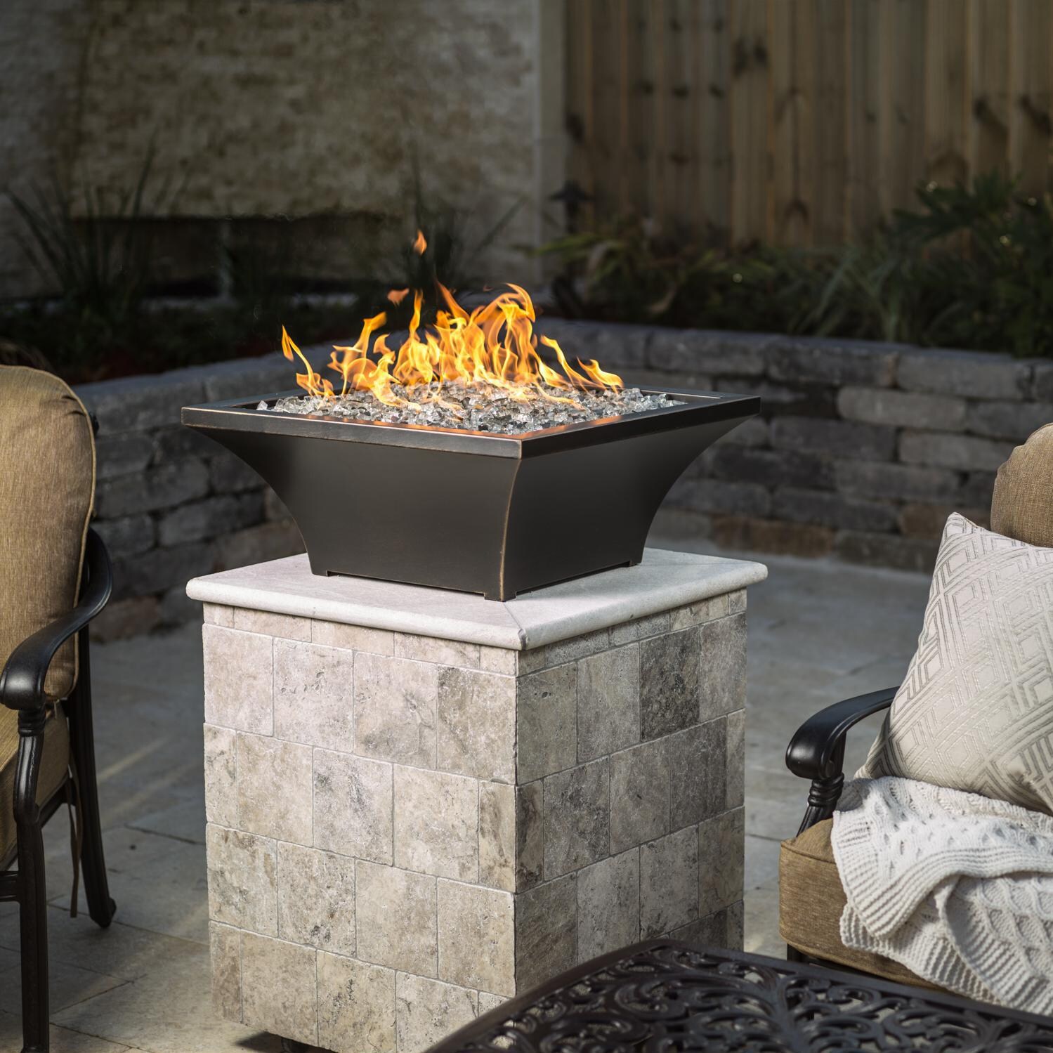 BBQGuys Signature Series Lavelle 24-Inch Square High-Rise Propane Fire Bowl - Oil Rubbed Bronze - Lifestyle - Shown with 1/2 inch Diamond Clear Reflective Fire Glass (Sold Separately) thumbnail