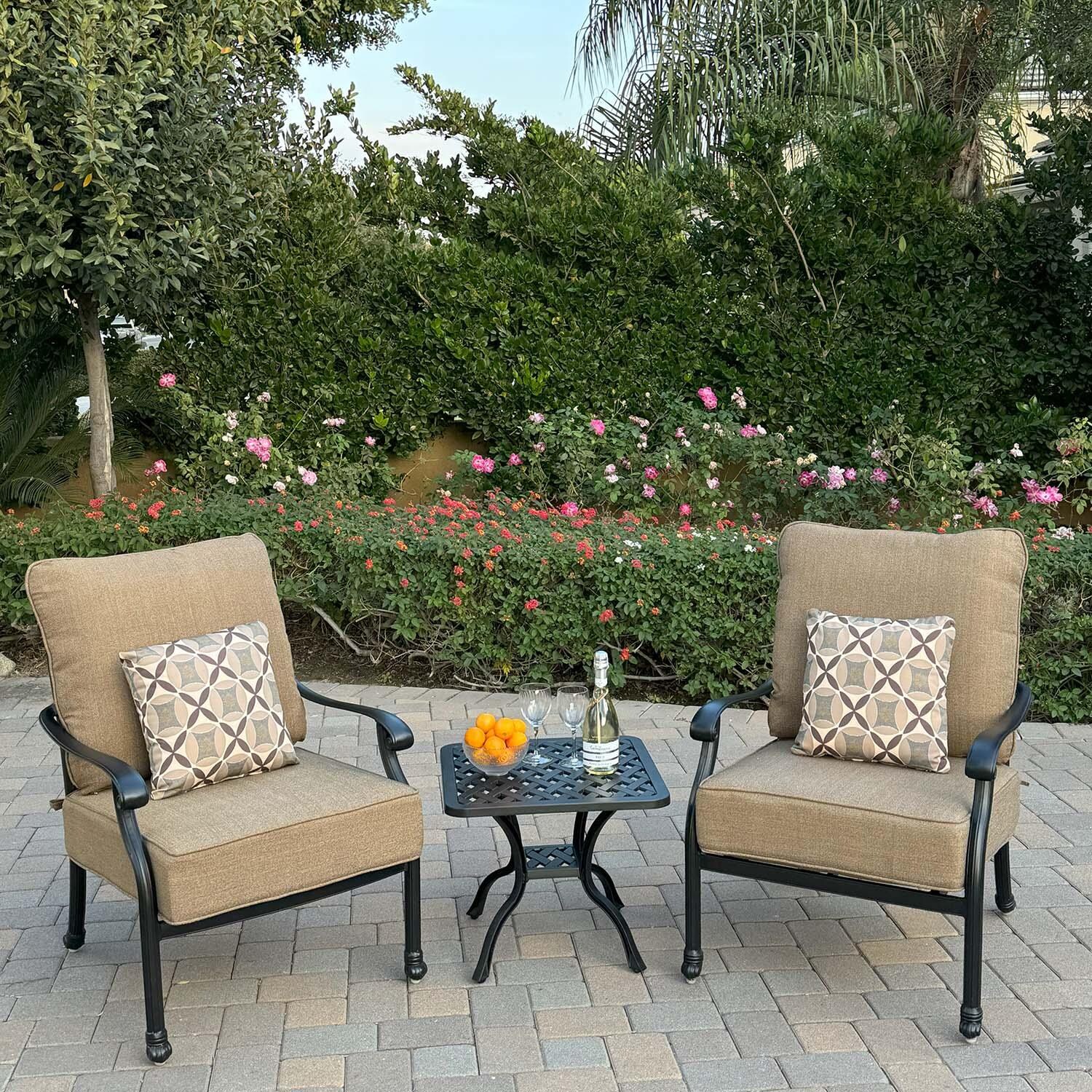 Madison 3 Pc Cast Aluminum Seating Set w/ 21 Inch Square Series 30 End Table in Antique Bronze/Sesame by Darlee
