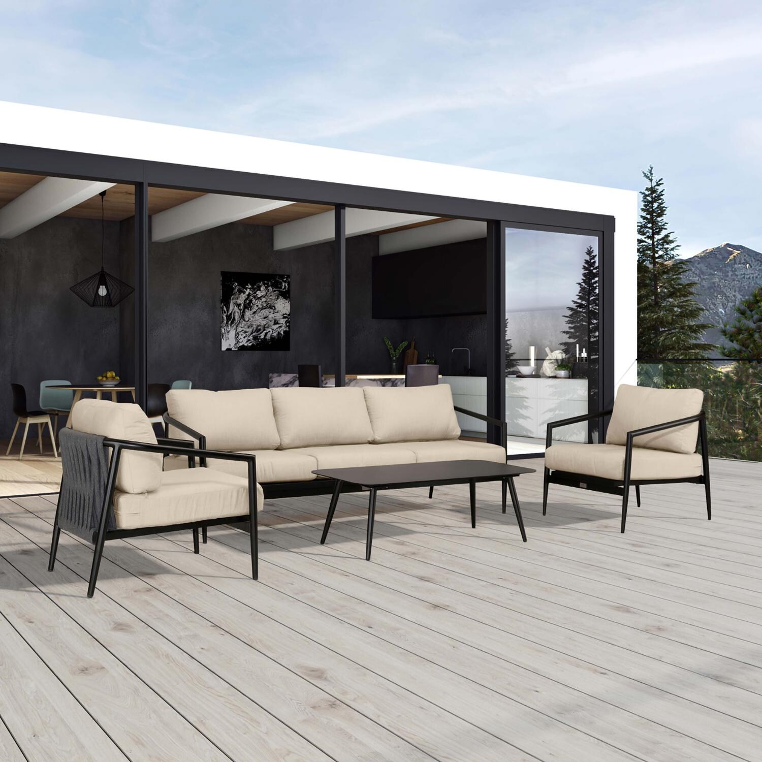 Lakeview Midnight Cove 4 Pc Aluminum Sofa Seating Set in Black/Carbon/Canvas Flax - Detail - Lifestyle thumbnail
