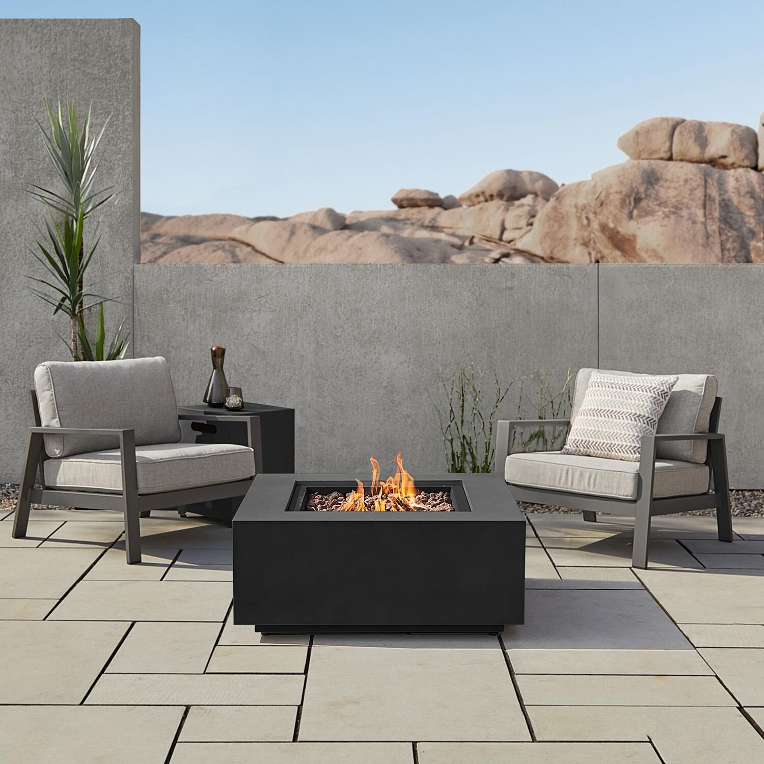 Elysian 4 Pc Powder Coated Steel Seating Set w/ 36 Inch Square Fire Pit in Black by Lakeview - Set - Lifestyle thumbnail