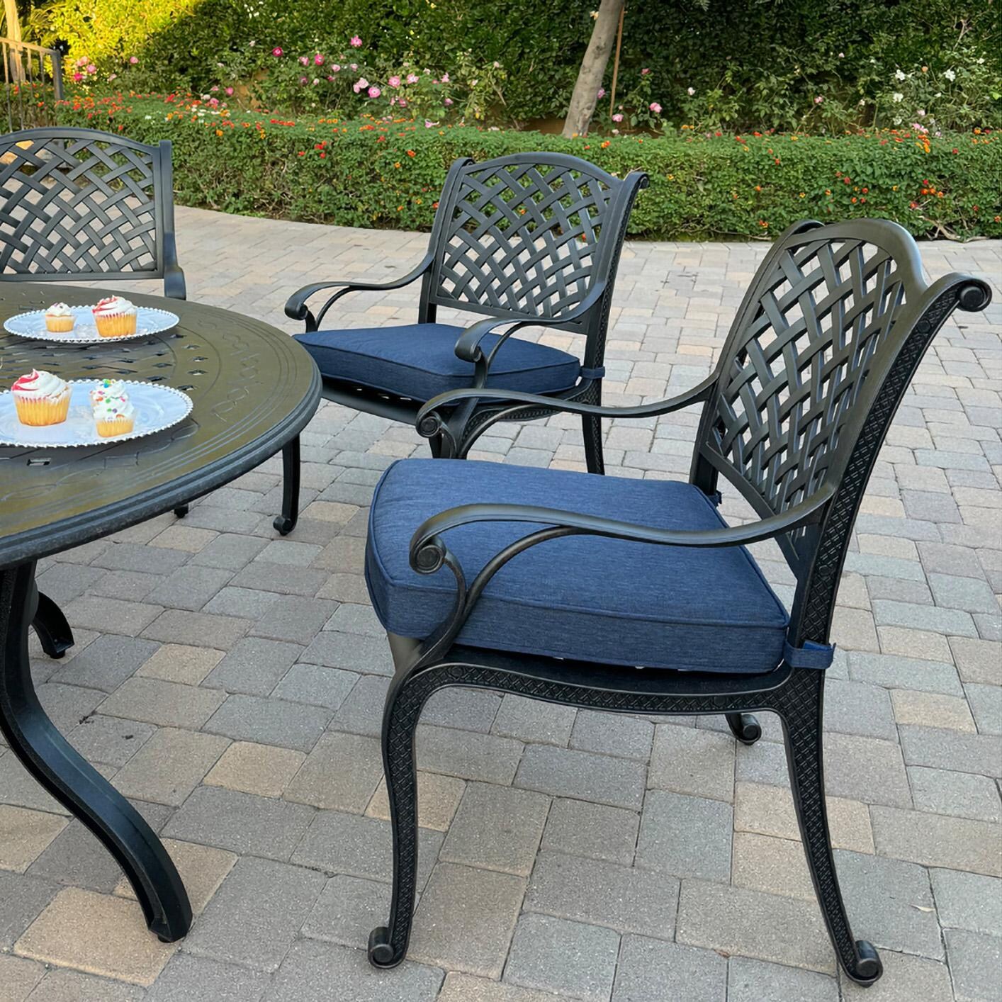 Darlee B/DL13-7PC-26D-N Nassau 7 Pc Cast Aluminum Dining Set in Antique Bronze w/ Navy Cushions - Chair Side - Lifestyle thumbnail
