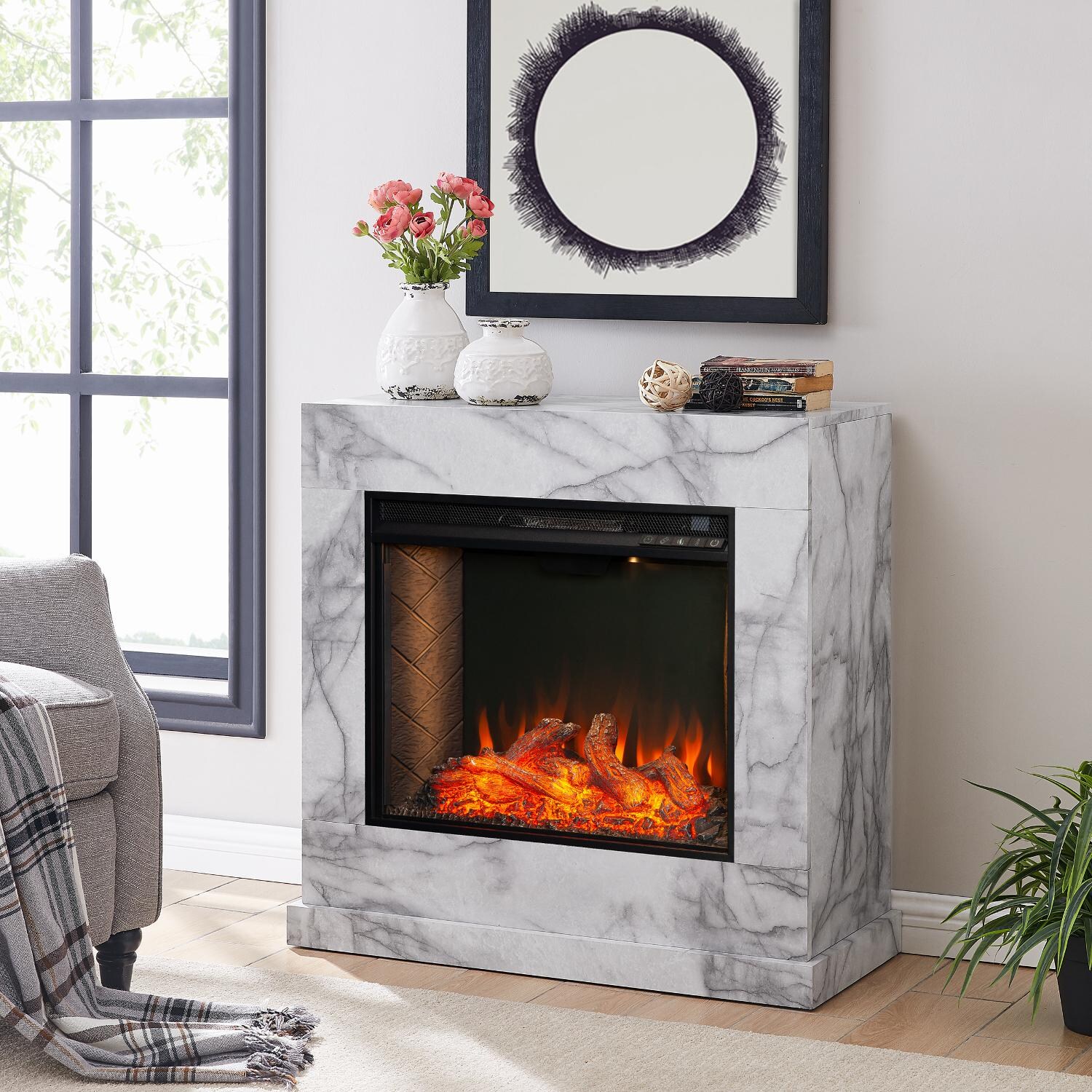 Southern Enterprises FS1062859 Dendale 33-Inch Electric Fireplace W/ Alexa-Enabled Smart Firebox - White Faux Marble - In The Home thumbnail