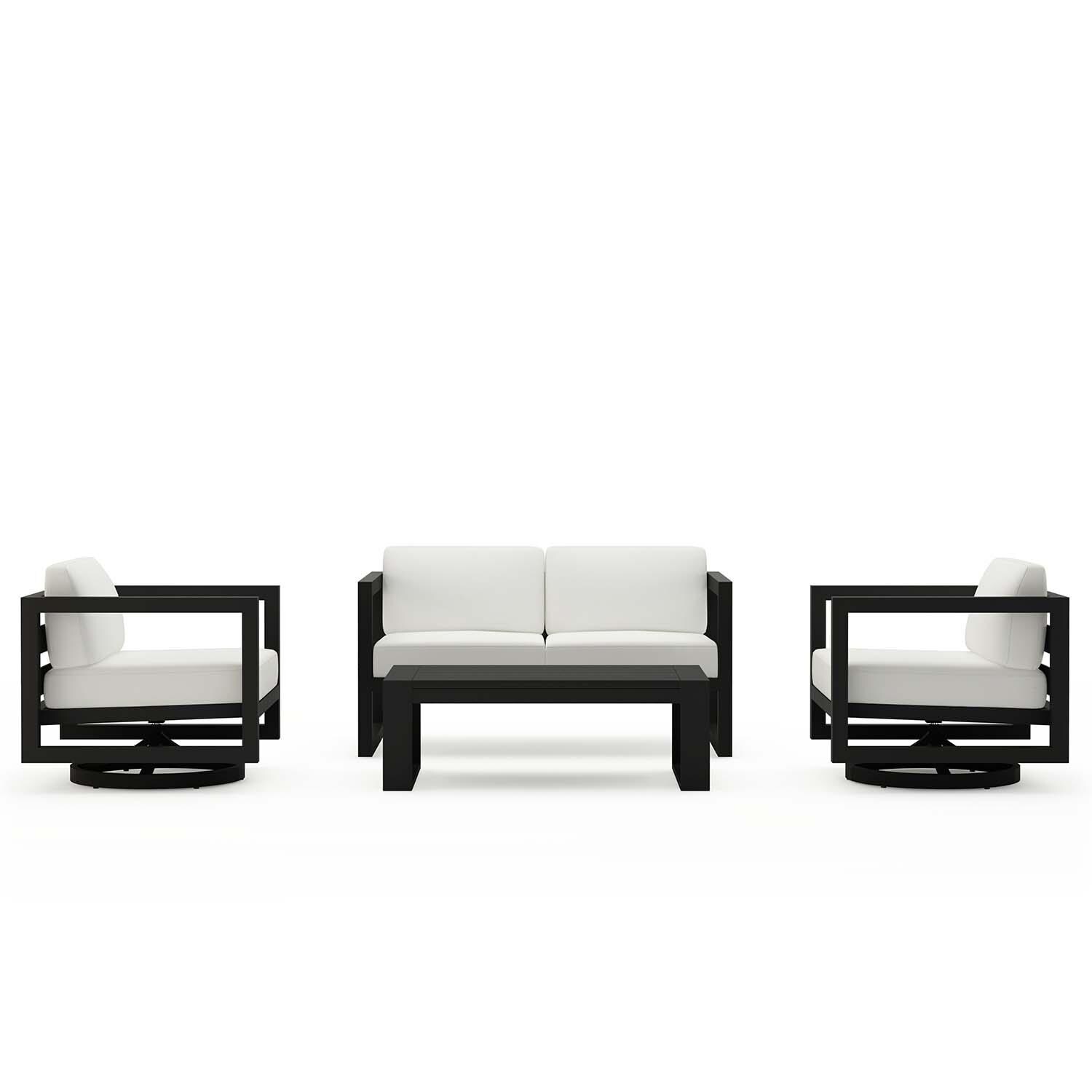 Misty Cove 4 Pc Aluminum Loveseat Seating Set w/ Swivel Chairs in Black/Canvas Natural by Lakeview Outdoor Designs - Front View - White Background thumbnail