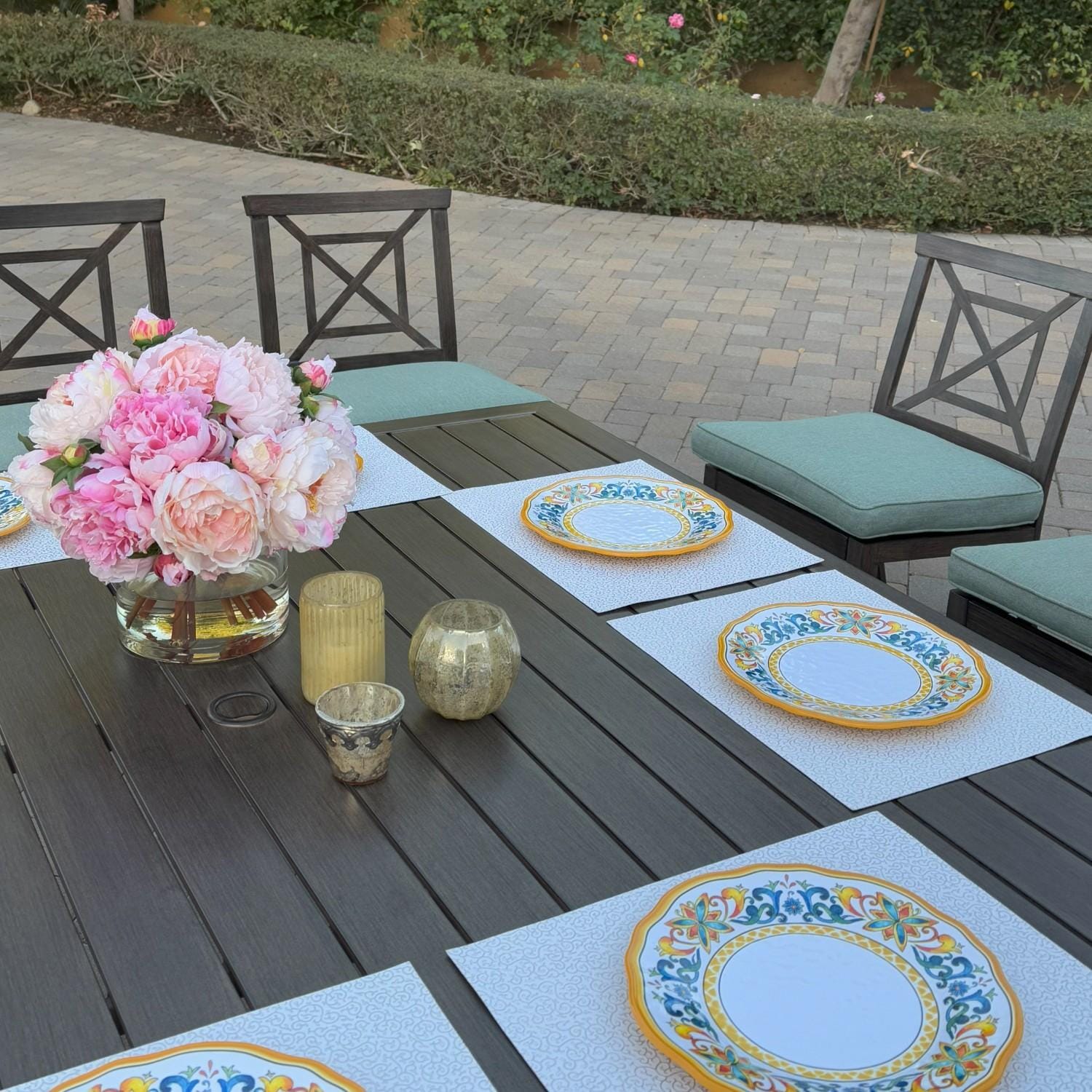 Atlantis 7 Pc Aluminum Dining Set w/ 4 Dining Side Chairs & 2 Two Person Benches in Walnut/Spa by Darlee - Table Top - Lifestyle thumbnail