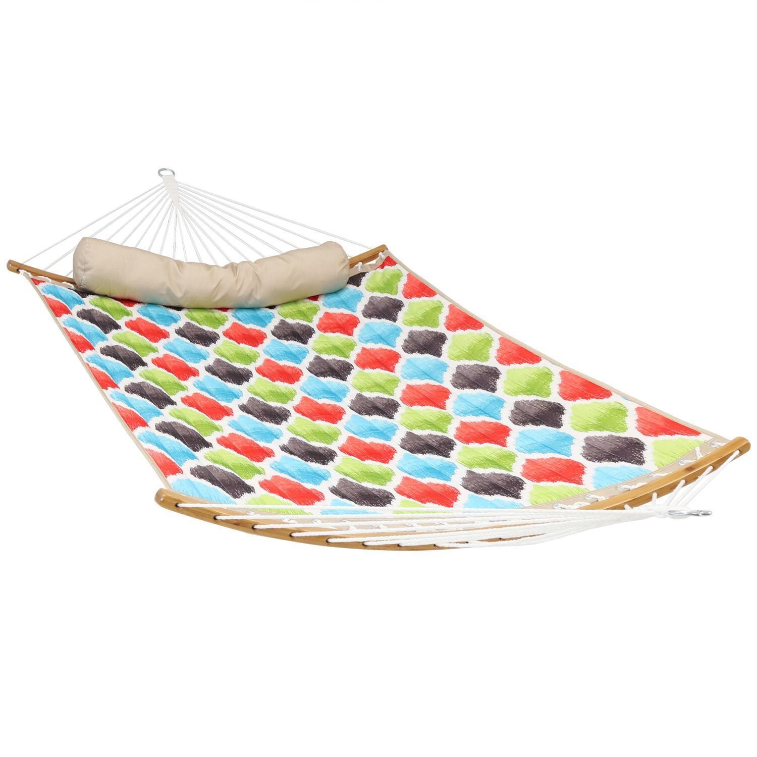 Ultimate Patio Quilted Double Hammock w/ Curved Spreader Bars & Pillow - Vivid Mult-Color Quatrefoil thumbnail