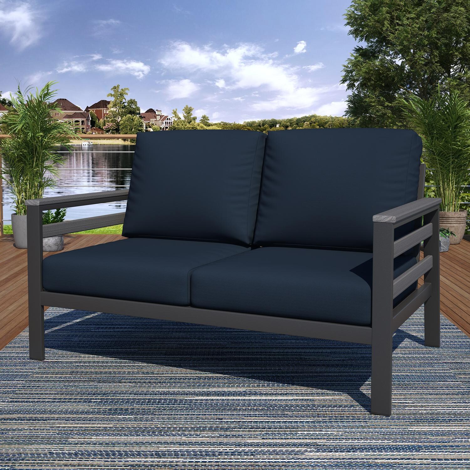 Lakeview NC6400TANGSLAT-6PC-CN Oasis Bay 6 Pc Aluminum Seating Set w/ Slat Side Panels in Gray/Canvas Navy - Loveseat - Lifestyle thumbnail