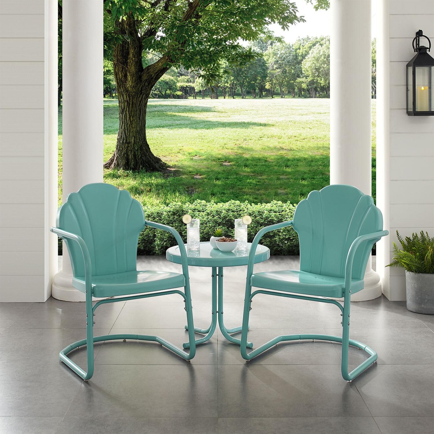 Ultimate Patio UP-32244BL 3Pc Retro Outdoor Chair Set in Pastel Blue - Angled On Patio - Lifestyle thumbnail