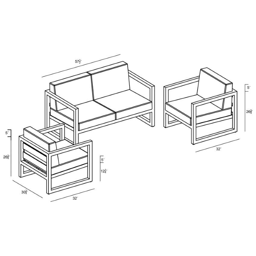 Misty Cove 3 Piece Seating Set in Slate w/Loveseat & Canvas Charcoal Cushions by Lakeview - Dimensional thumbnail
