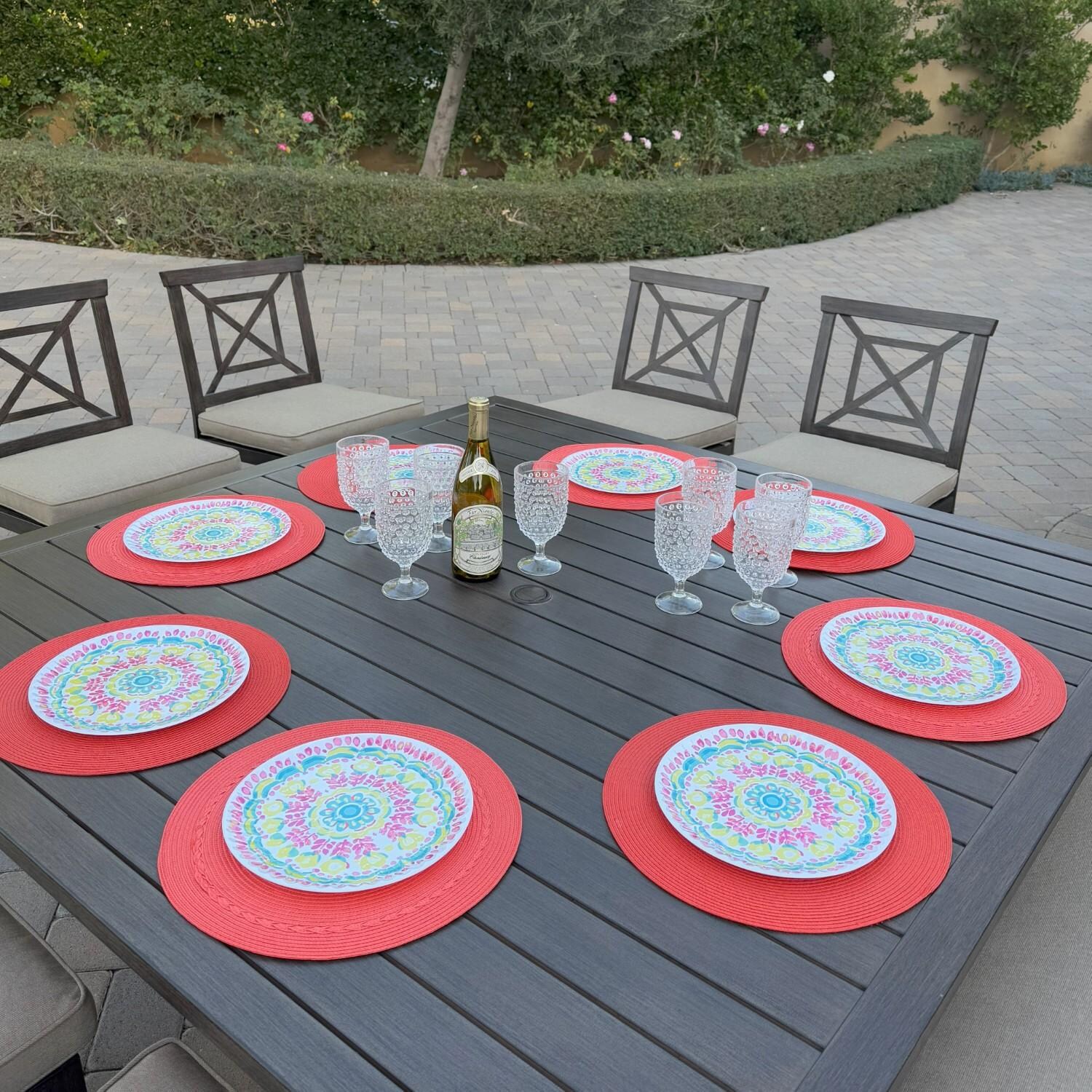 Atlantis 8 Pc Aluminum Dining Set w/ 6 Dining Side Chairs & Two Person Bench in Walnut/Beige by Darlee - Table Top - Lifestyle thumbnail